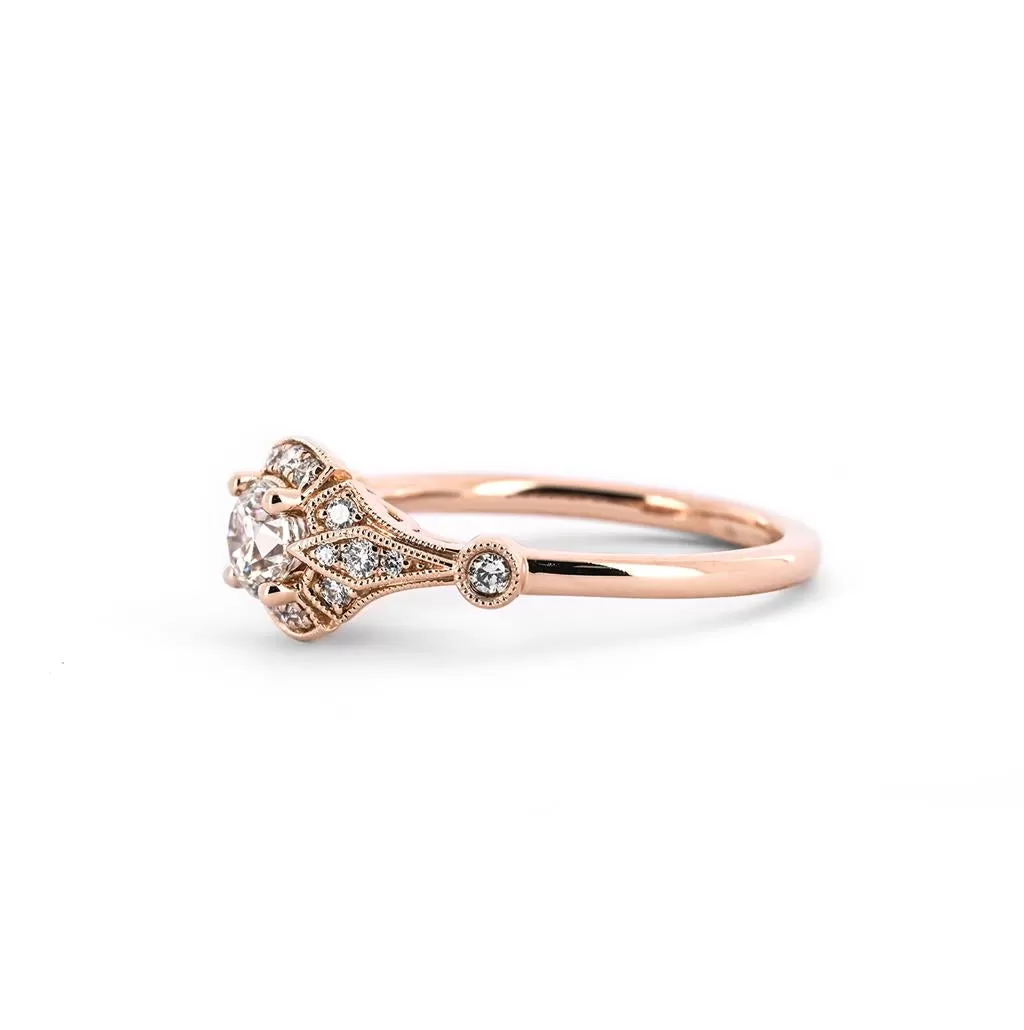 0.69ctw Round Diamond Engagement Ring, Art Deco - Rose Gold