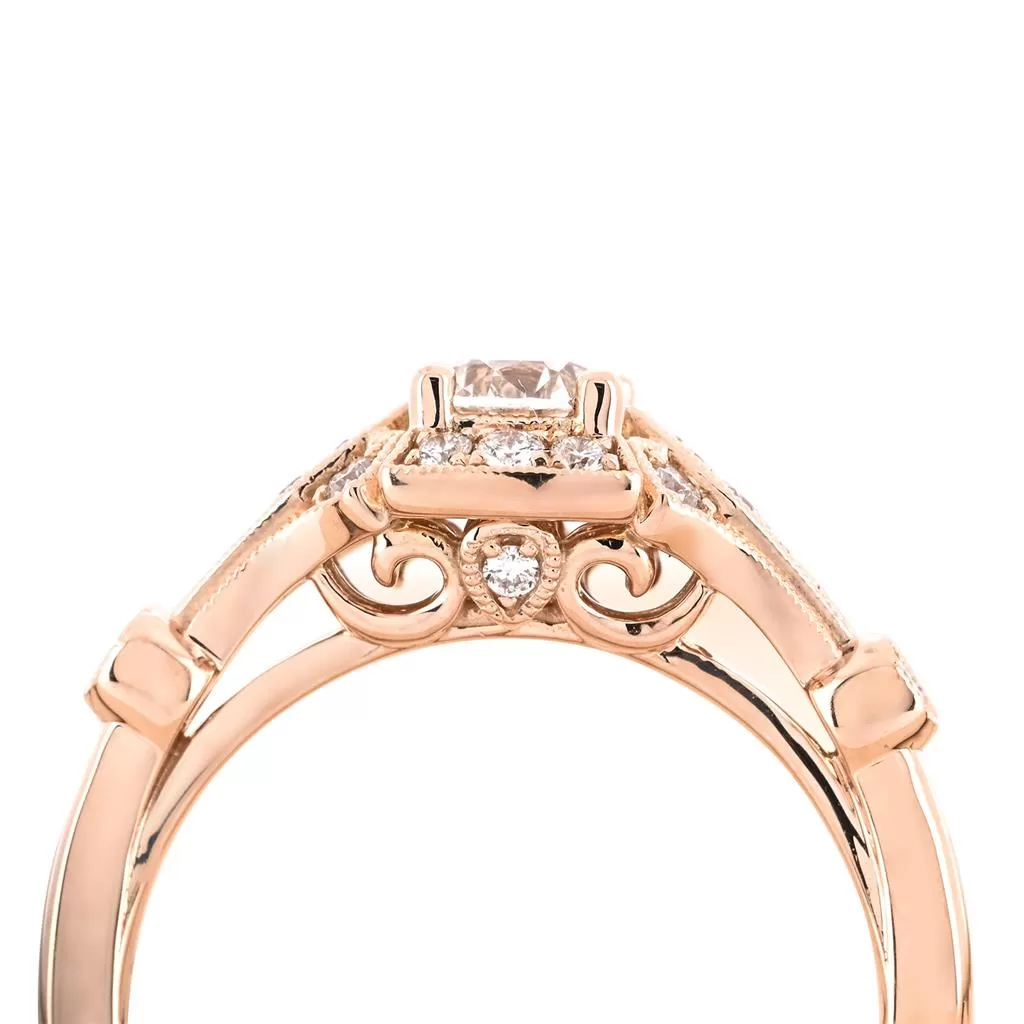 0.69ctw Round Diamond Engagement Ring, Art Deco - Rose Gold