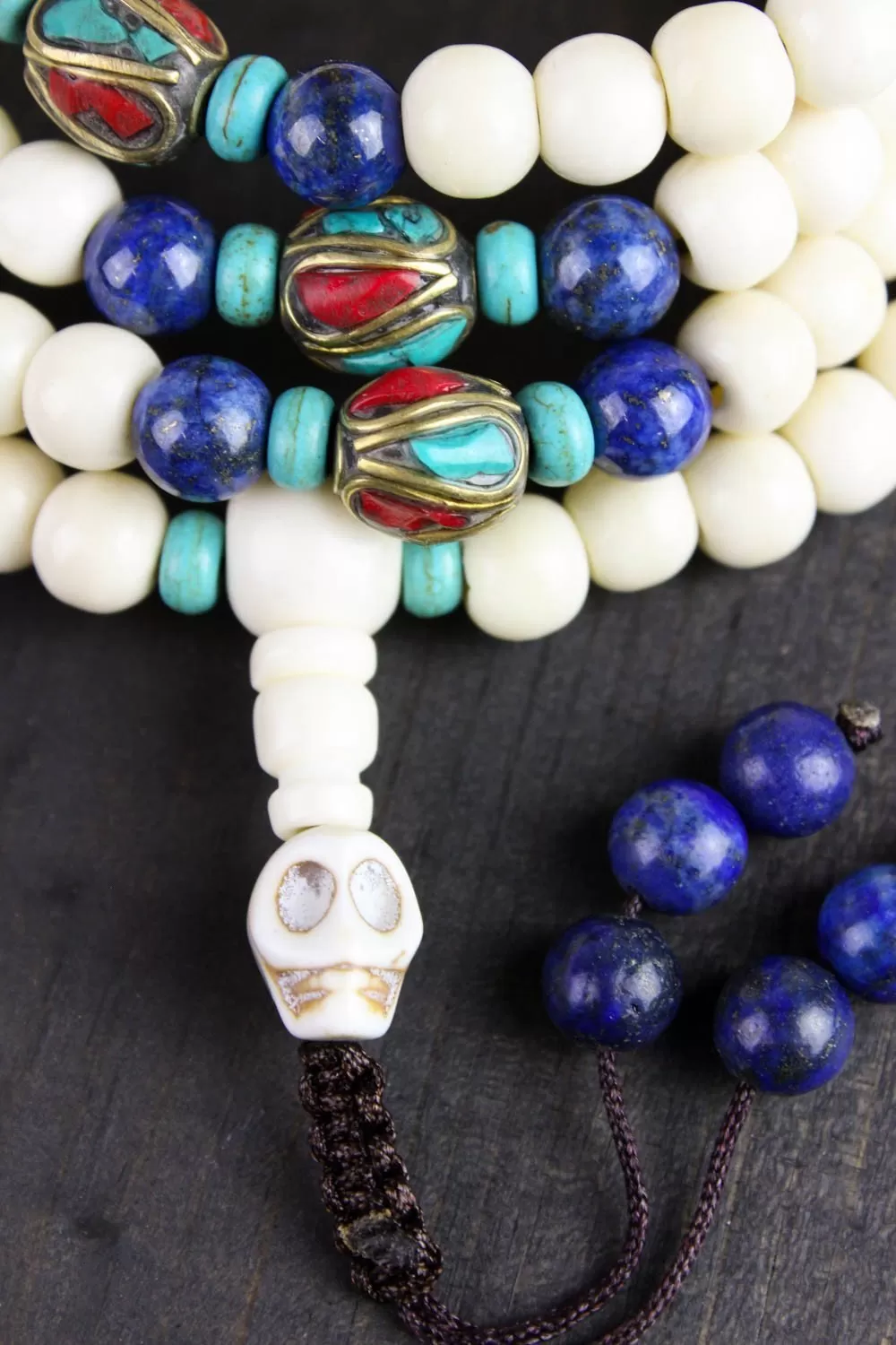 108 Bead Yak Bone Mala with Lapis and Traditional Tibetan Beads