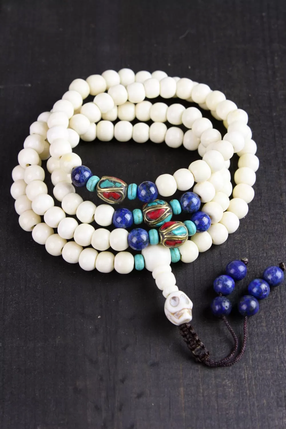 108 Bead Yak Bone Mala with Lapis and Traditional Tibetan Beads