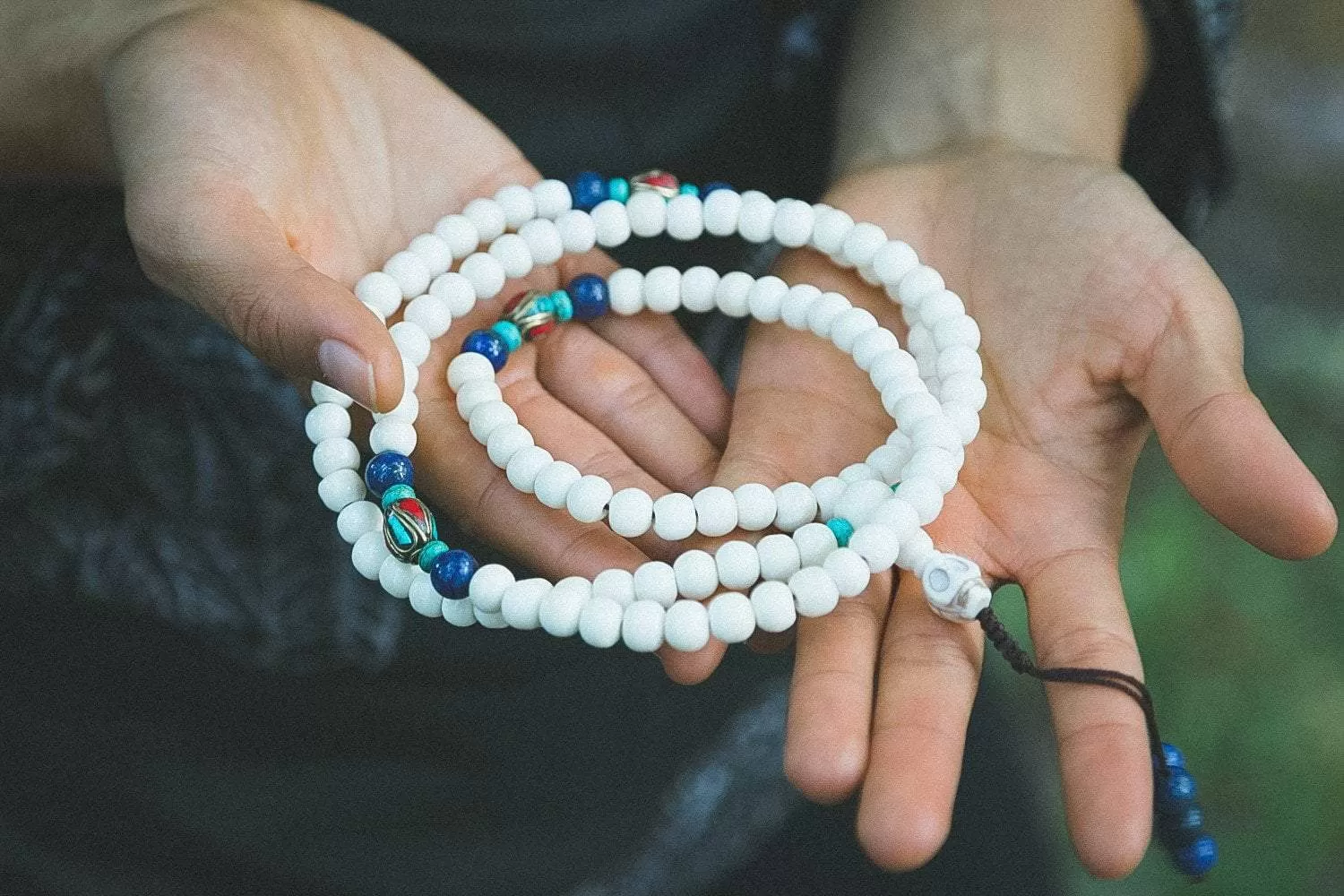 108 Bead Yak Bone Mala with Lapis and Traditional Tibetan Beads