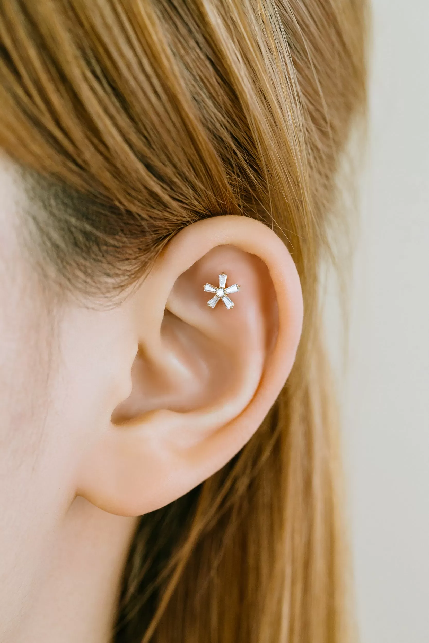 14k Gold Jewelry Cz Flower Barbell Ear Stud Piercing