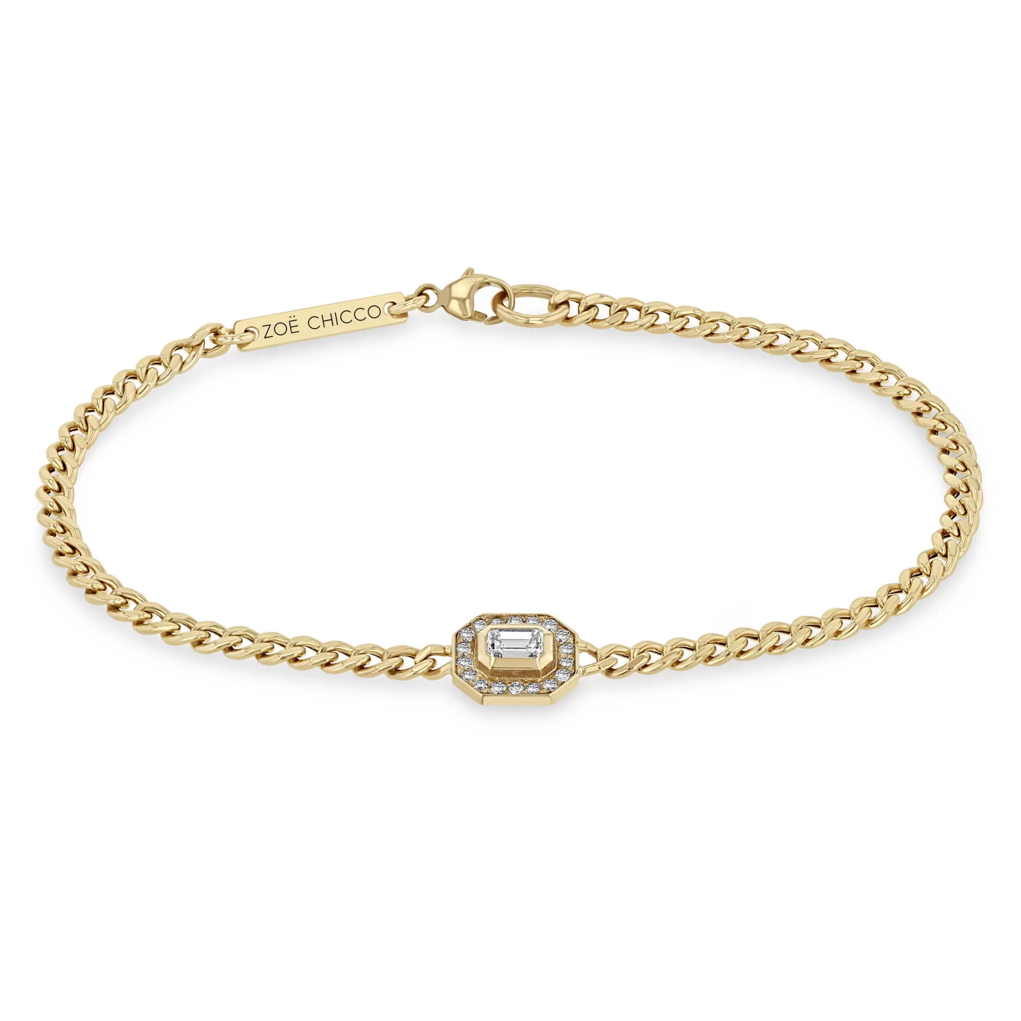 14k Small Curb Chain Emerald Cut Diamond Halo Bracelet