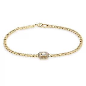 14k Small Curb Chain Emerald Cut Diamond Halo Bracelet