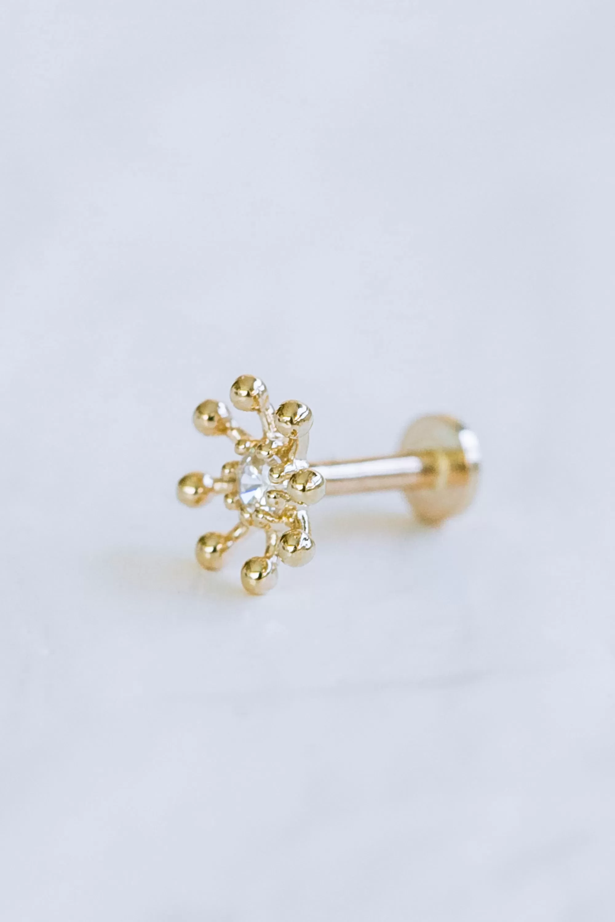 14K Solid Gold Cartilage Delicate Cz  Star Molecule Flower Internally Internal Threaded Earring Labret