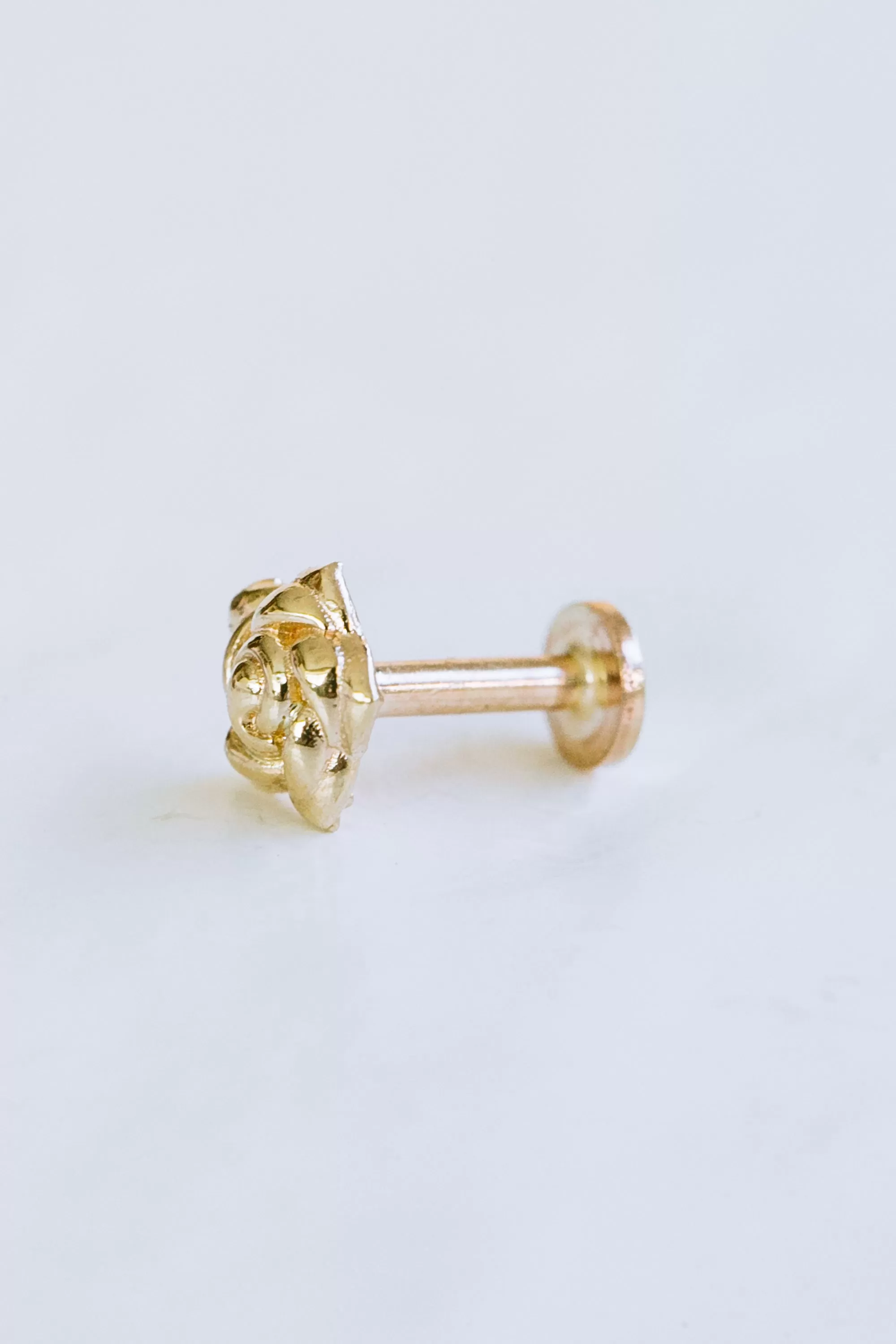 14K Solid Gold Cartilage Minimalist Flower Leaf Rose Internally Internal Threaded Earring Labret