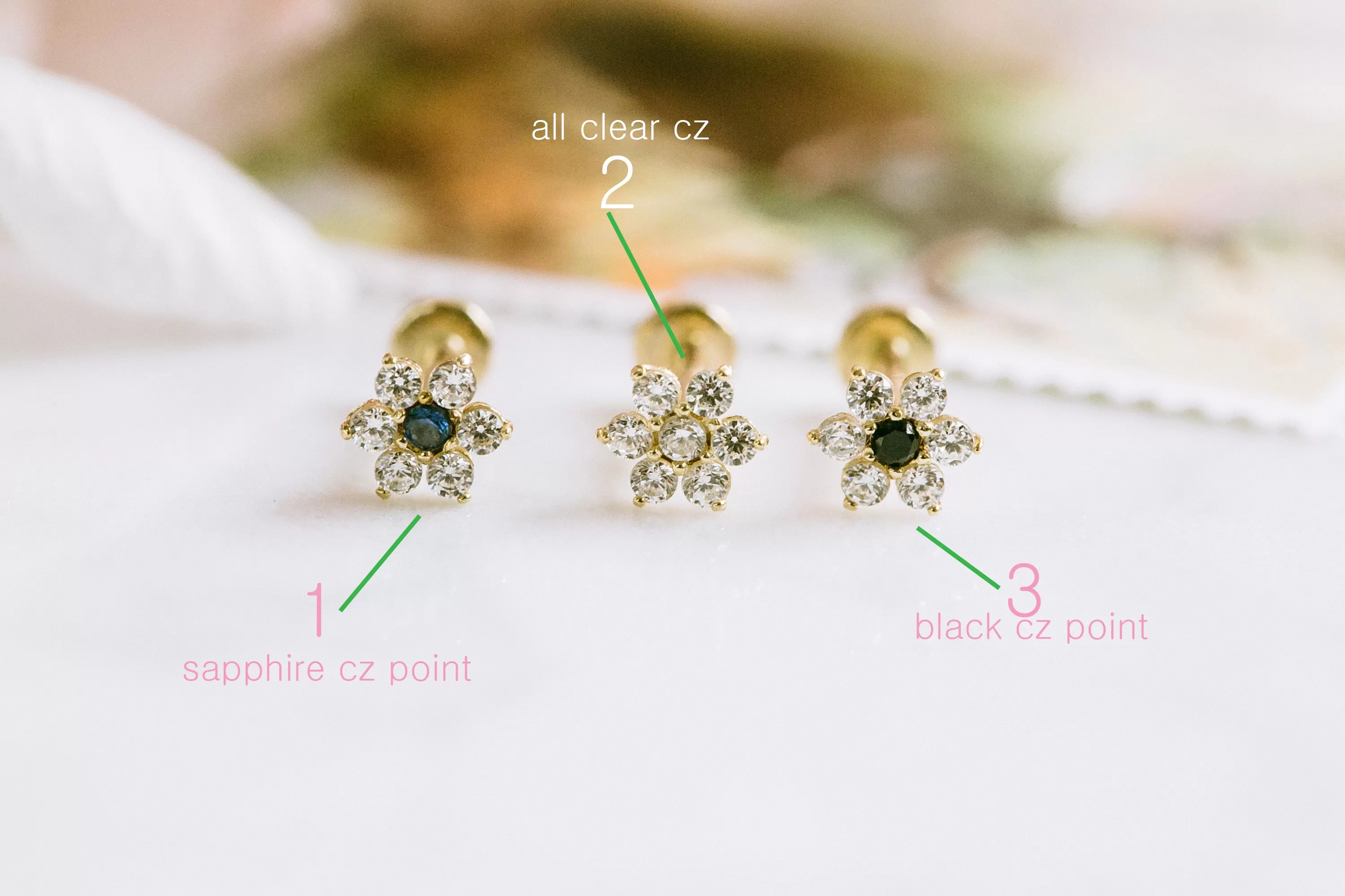 18g 14K Gold Minimalist Flower CZ Tragus Cartilage Inner Conch Helix Ear Stud Internally threaded Earring Labret Piercing For Women Girl Men