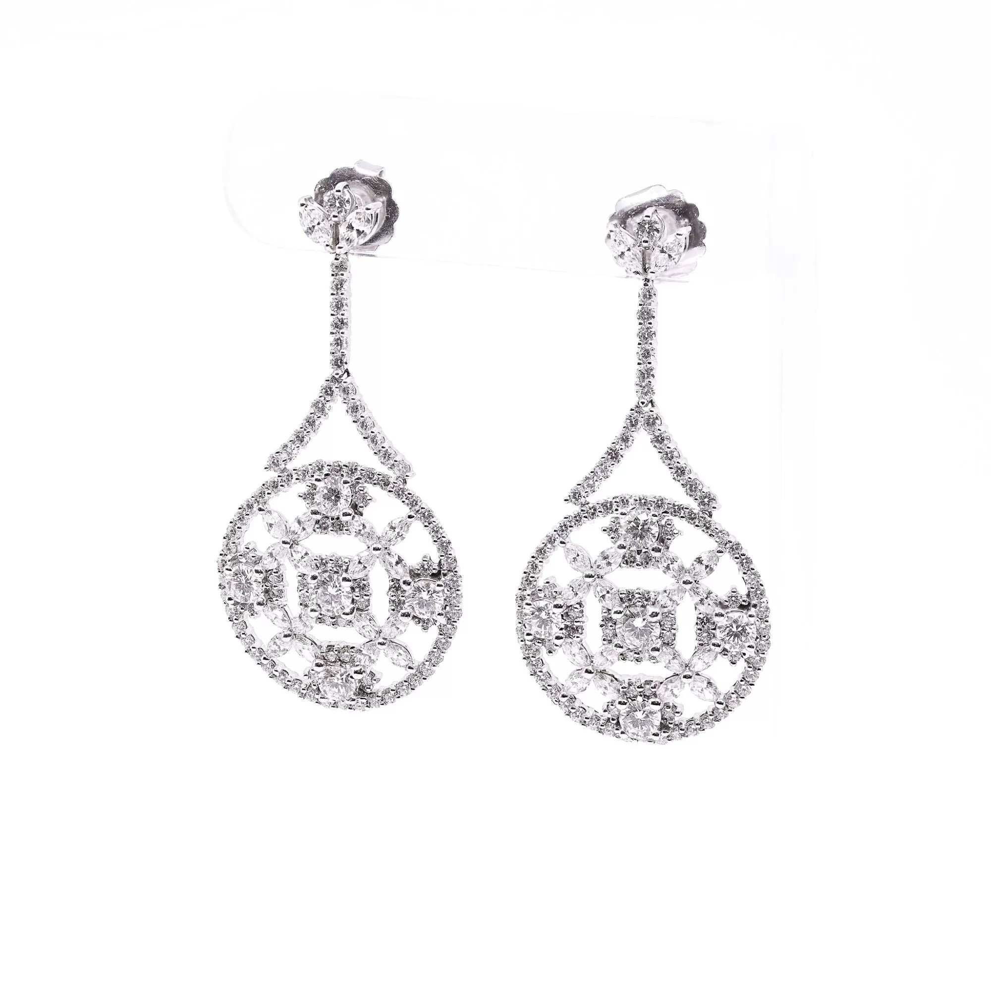 18K WHITE GOLD ROUND BRILLIANT AND MARQUISE DIAMOND DROP STATEMENT EARRINGS