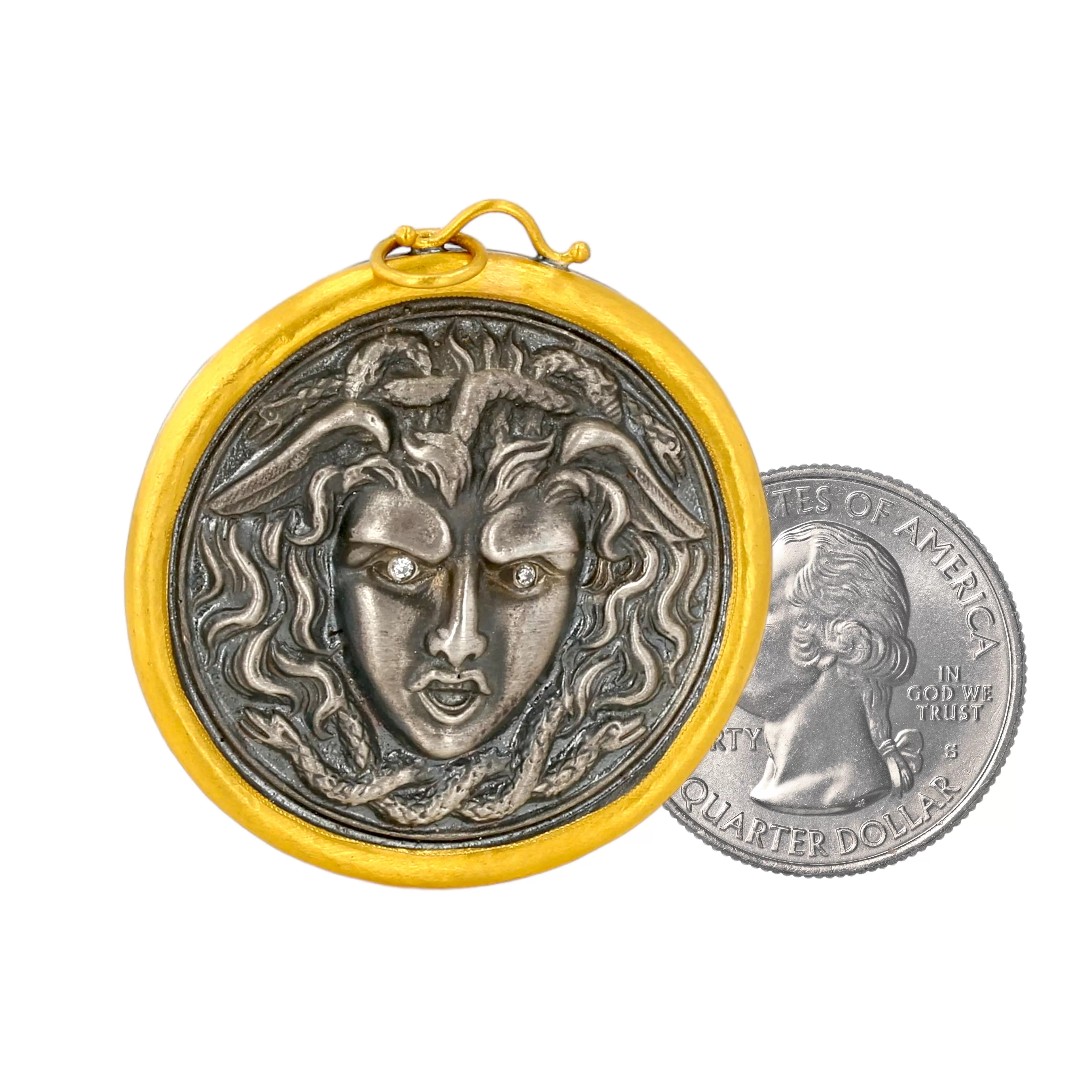 24k bezel oxidative silver 925 hammering diamonds eyes accent handcrafted coin medusa pendant unique piece-227056