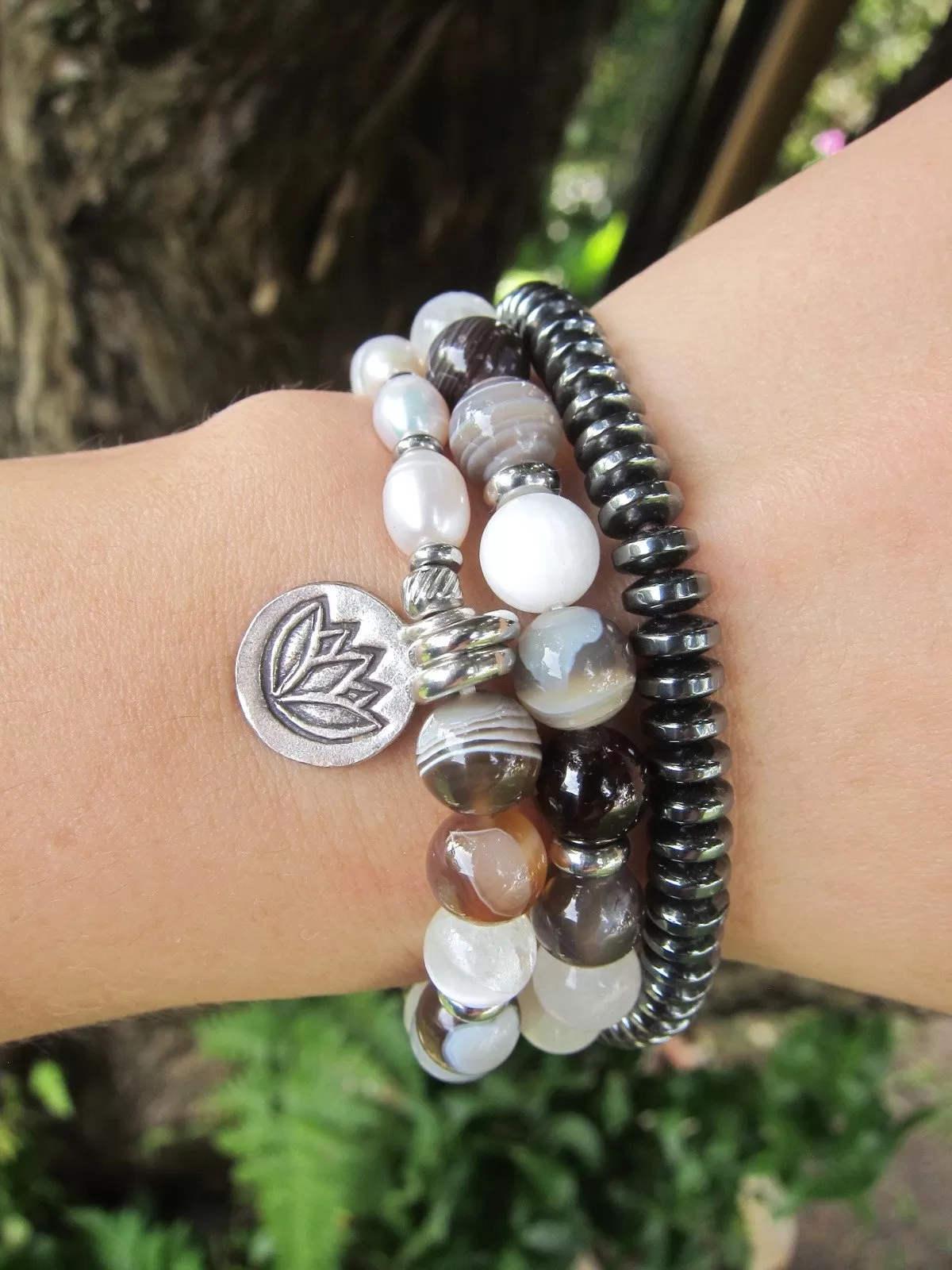 27 Bead Wrist Mala in Selenite, Botswana Agate, Smoky Quartz, Freshwater Pearls in Stainless Silver Lotus Charm