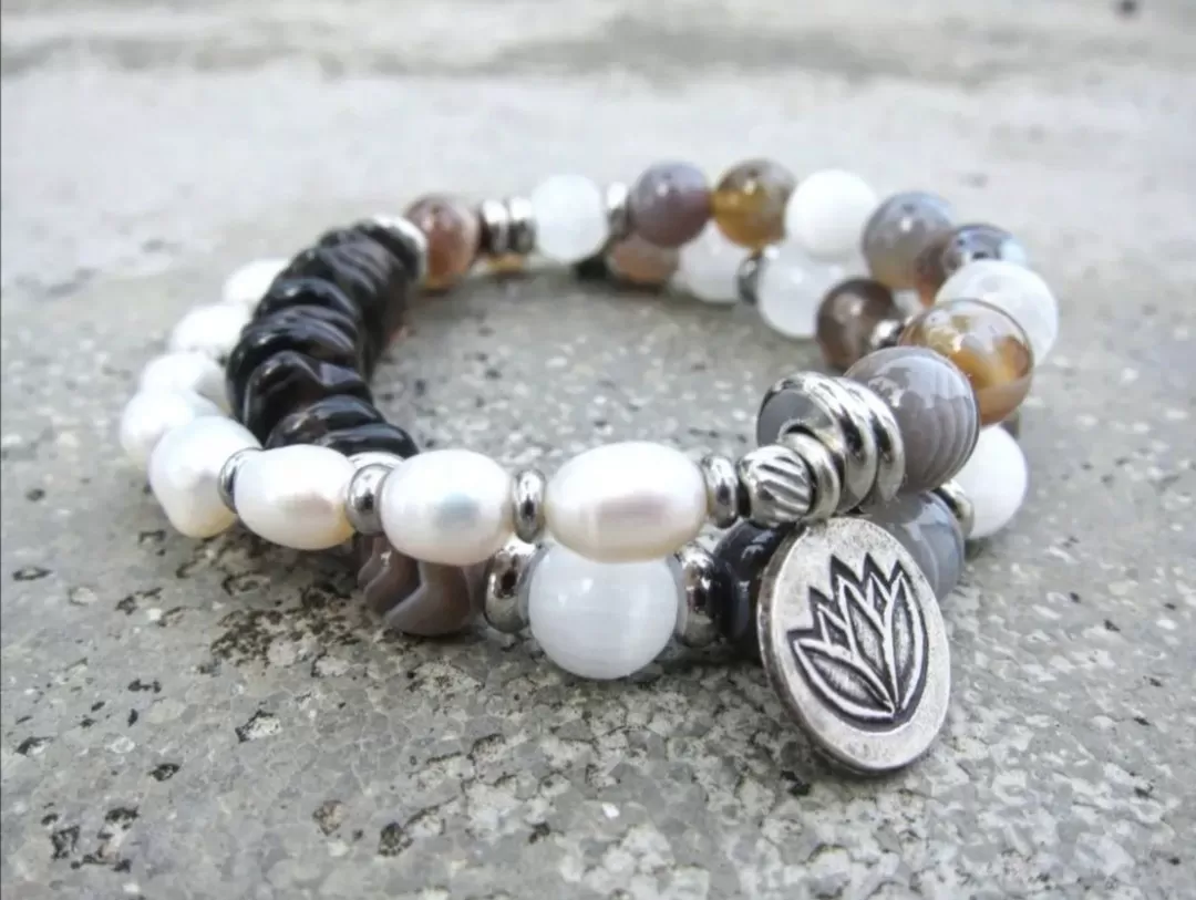 27 Bead Wrist Mala in Selenite, Botswana Agate, Smoky Quartz, Freshwater Pearls in Stainless Silver Lotus Charm