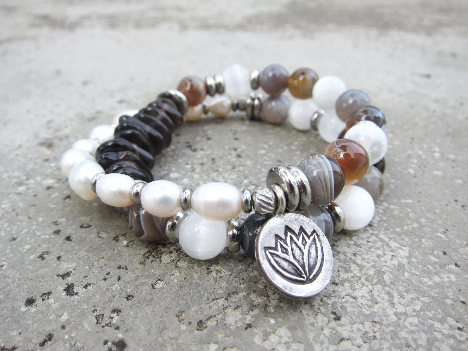 27 Bead Wrist Mala in Selenite, Botswana Agate, Smoky Quartz, Freshwater Pearls in Stainless Silver Lotus Charm