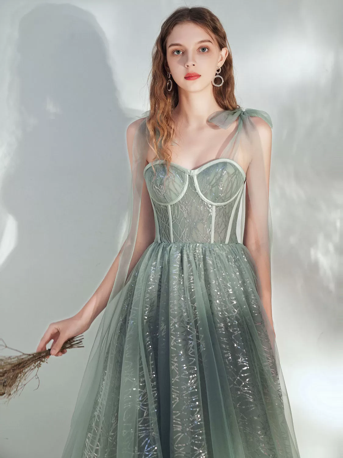 A -line Tulle Lace Tea Length Green Prom Dress, Formal Aline Green Homecoming Dresses