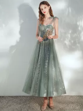 A -line Tulle Lace Tea Length Green Prom Dress, Formal Aline Green Homecoming Dresses