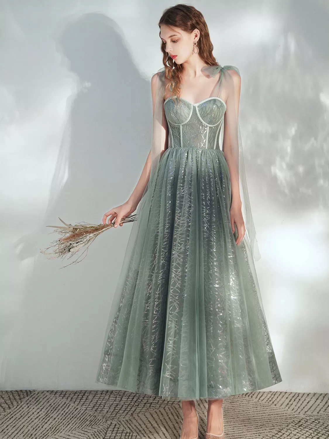 A -line Tulle Lace Tea Length Green Prom Dress, Formal Aline Green Homecoming Dresses