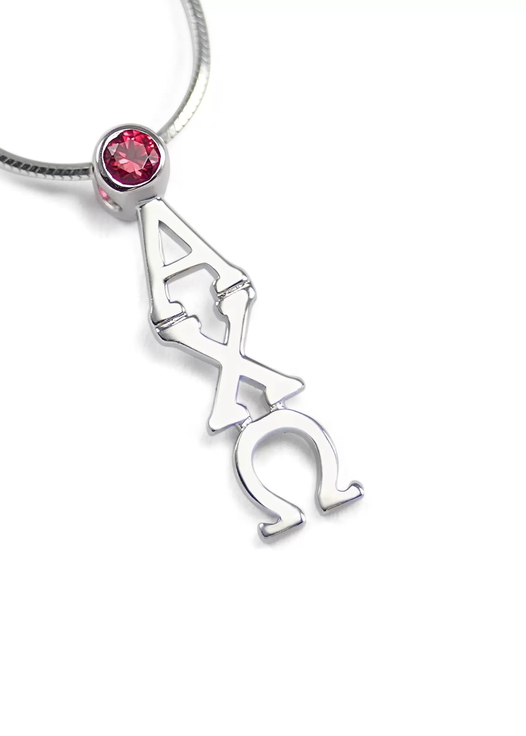 Alpha Chi Omega Sterling Silver Lavaliere Pendant with Red CZ Crystal