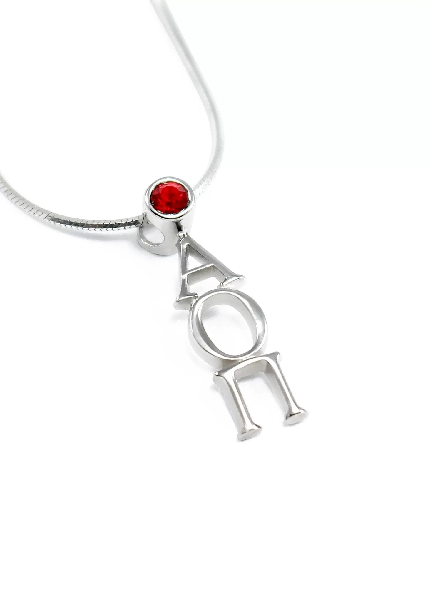 Alpha Omicron Pi Sterling Silver Lavaliere Pendant with Red CZ Crystal