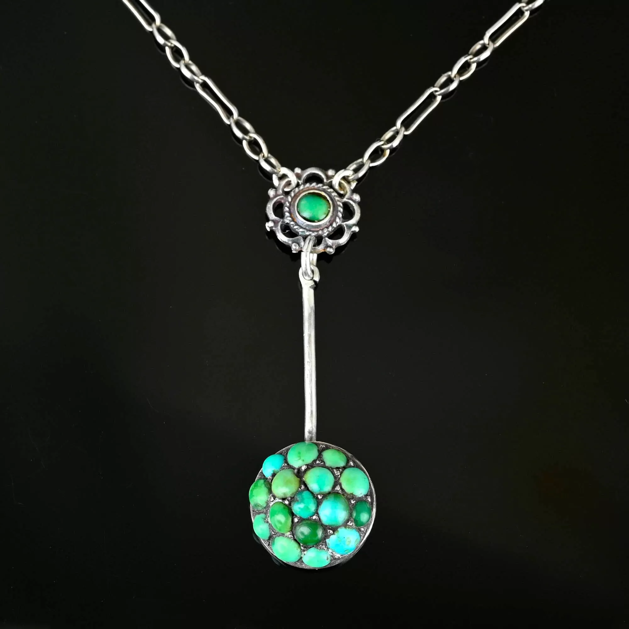 Antique Silver Turquoise Cluster Pendant Necklace