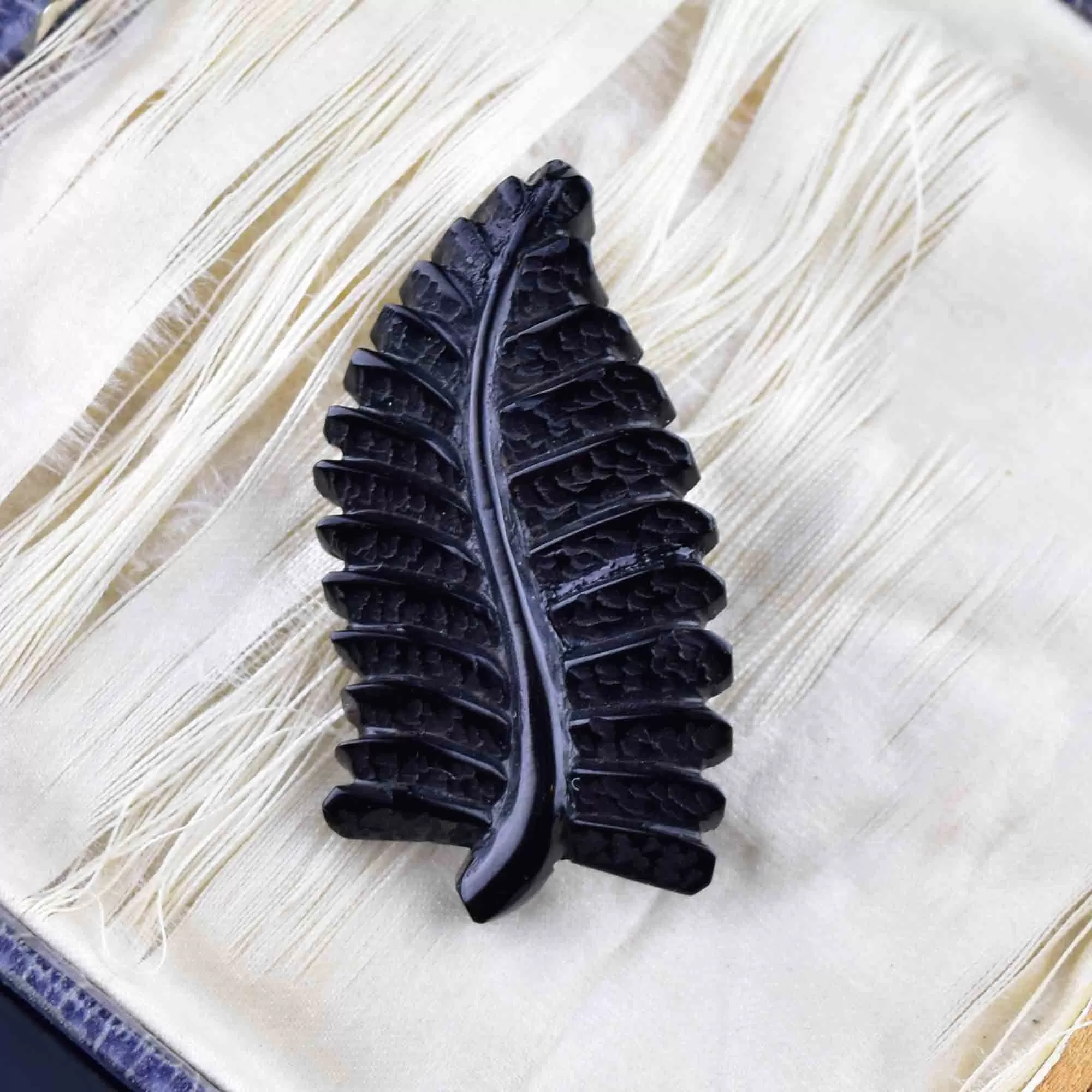 Antique Victorian Carved Whitby Jet Fern Leaf Brooch