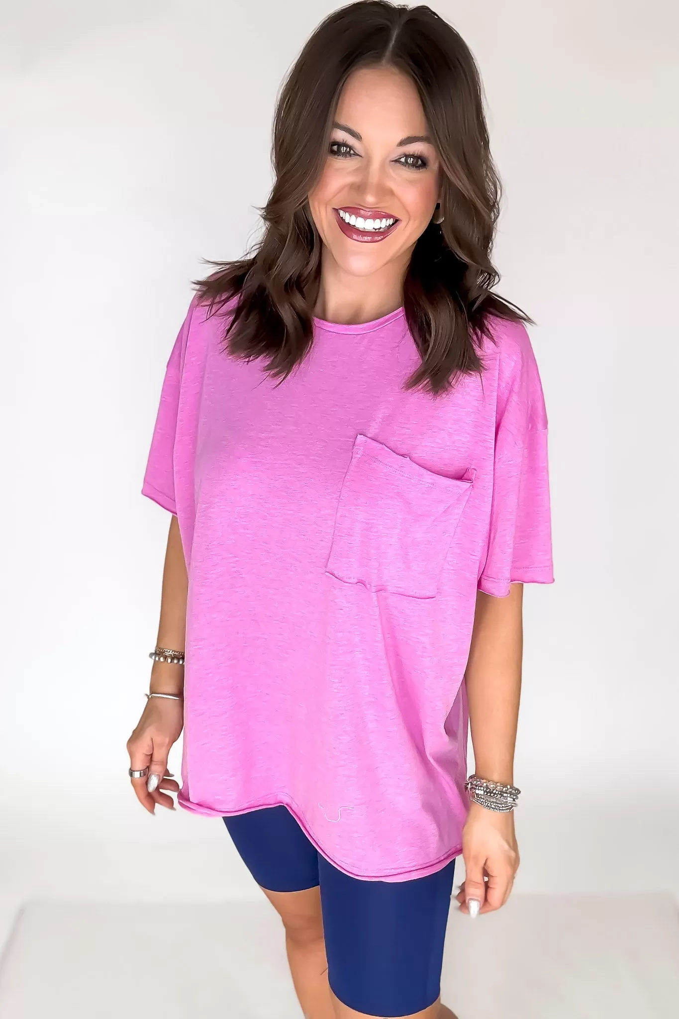 Anyday Anywhere Heathered Fuchsia Tri Blend Oversized Front Pocket Boyfriend Tee