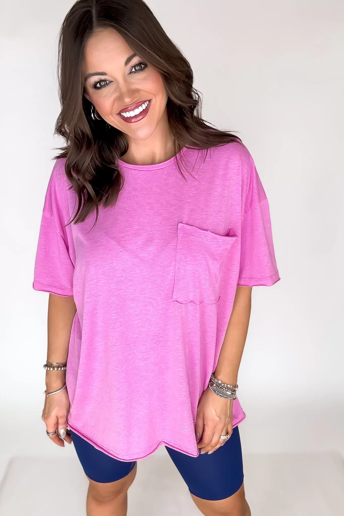 Anyday Anywhere Heathered Fuchsia Tri Blend Oversized Front Pocket Boyfriend Tee