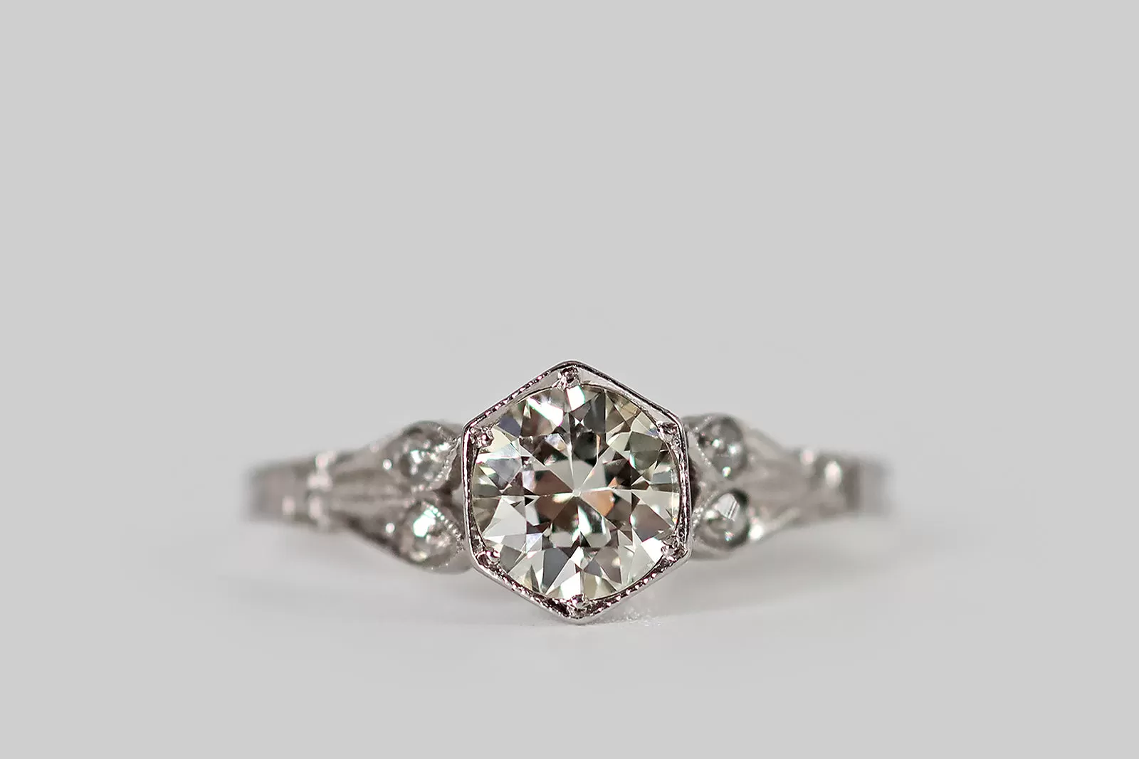 Art Deco OEC Diamond Engagement Ring with Leaves