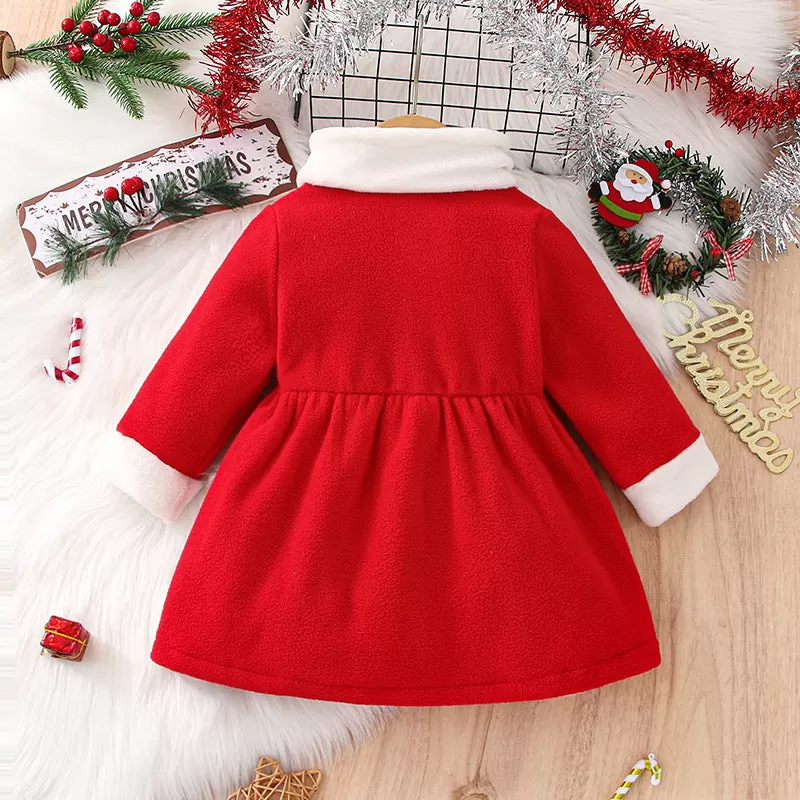 Baby Girls Winter Christmas New Year Wood Ear Collar Red Dress Furry Scarf 2PCS