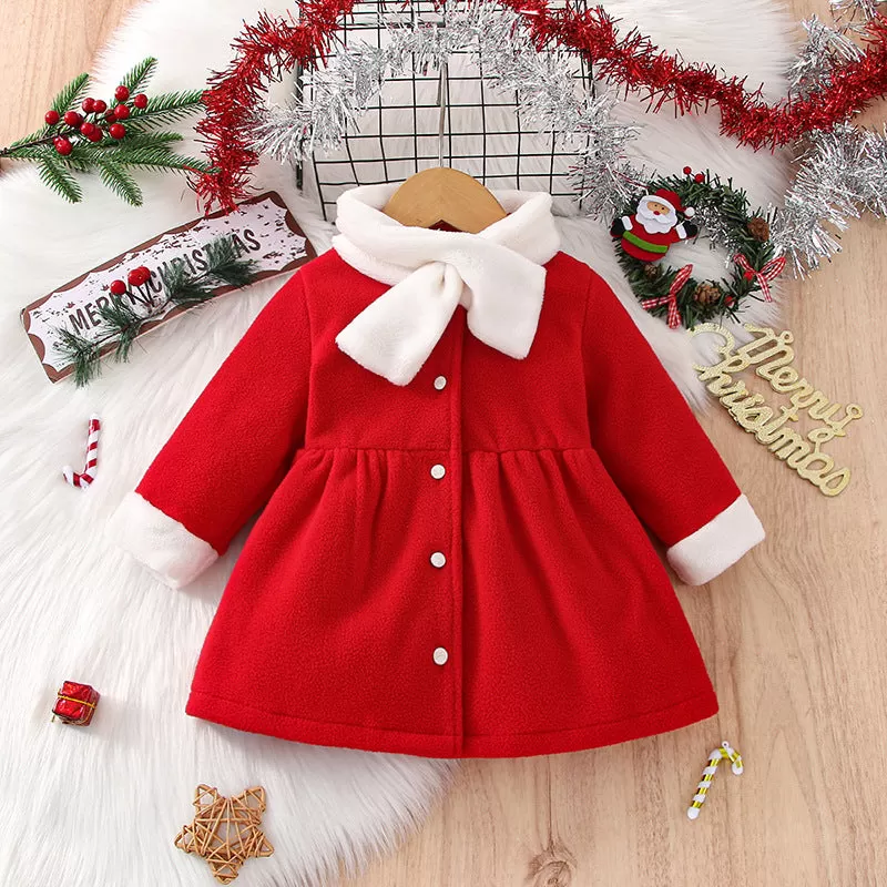 Baby Girls Winter Christmas New Year Wood Ear Collar Red Dress Furry Scarf 2PCS