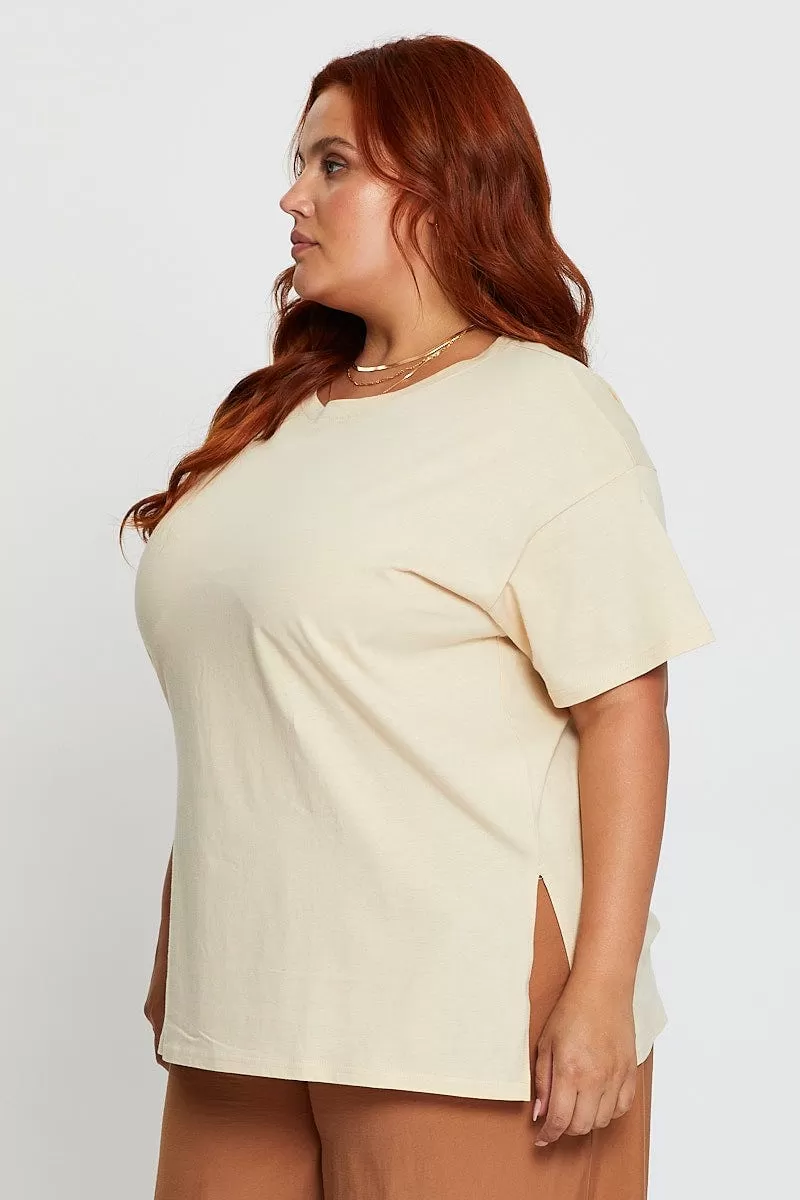 Beige Hem T-Shirt Crew Neck Short Sleeve Split