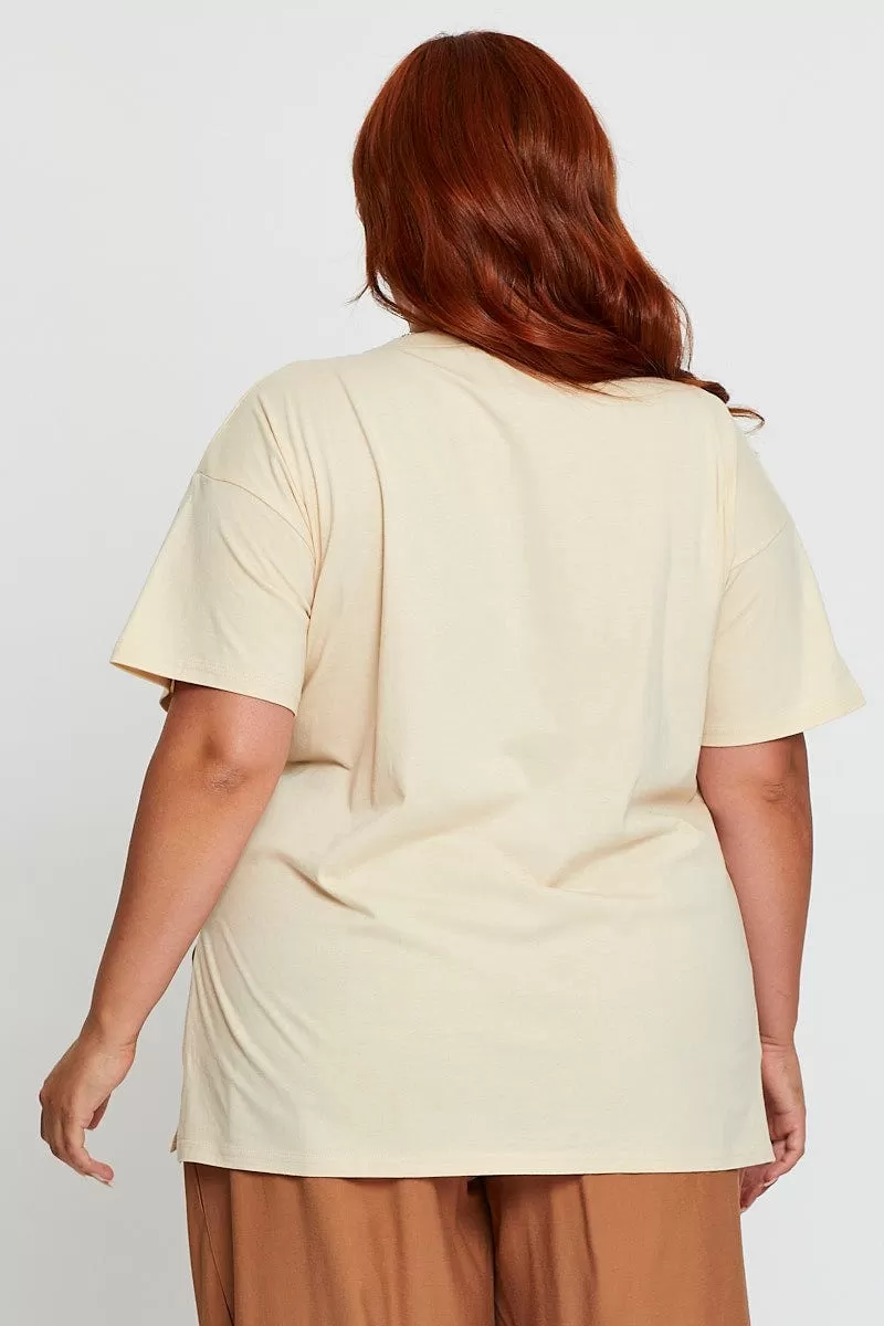 Beige Hem T-Shirt Crew Neck Short Sleeve Split