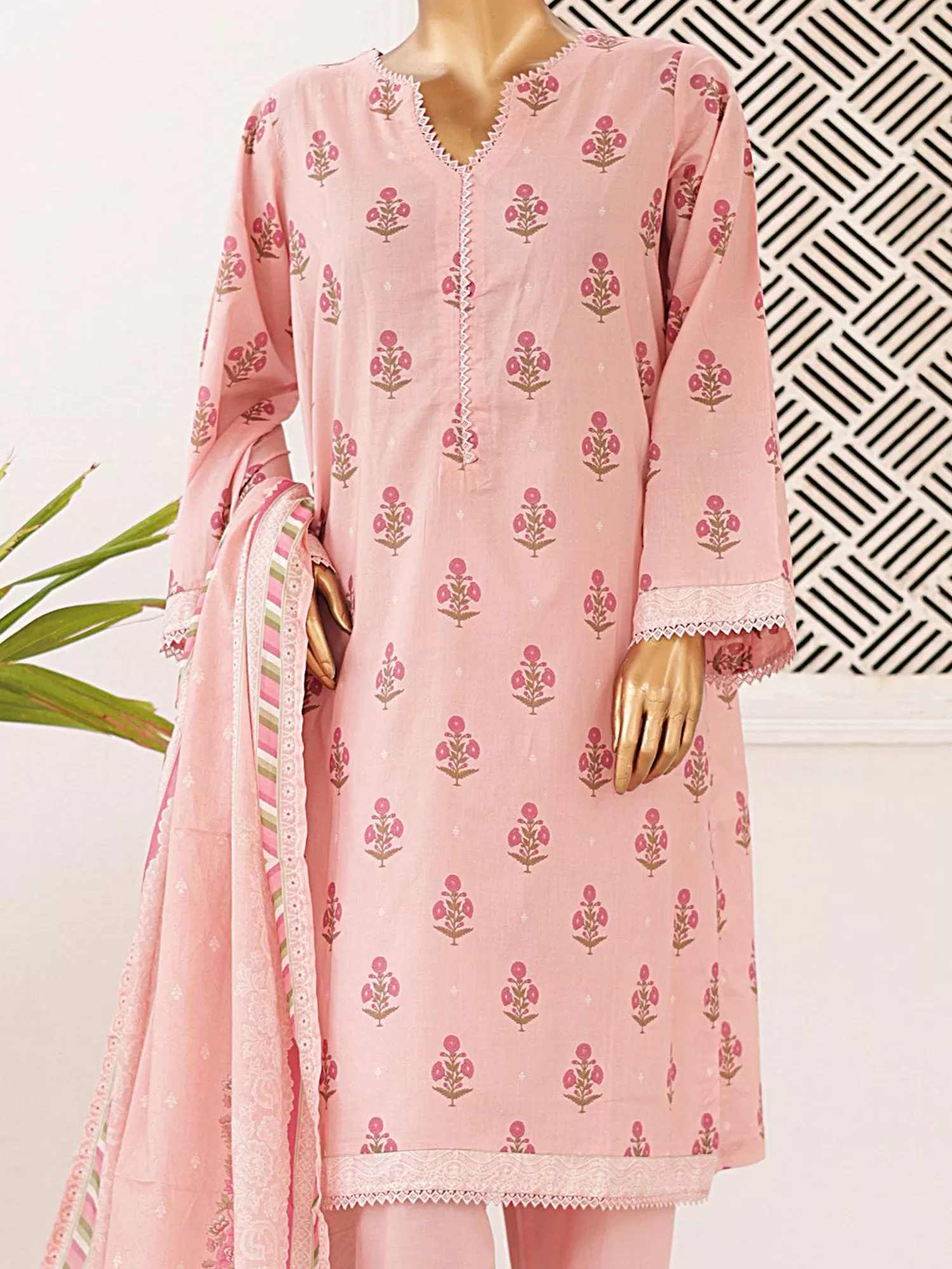 Bin Saeed Printed Lawn 3-Piece Suit - Light Pink