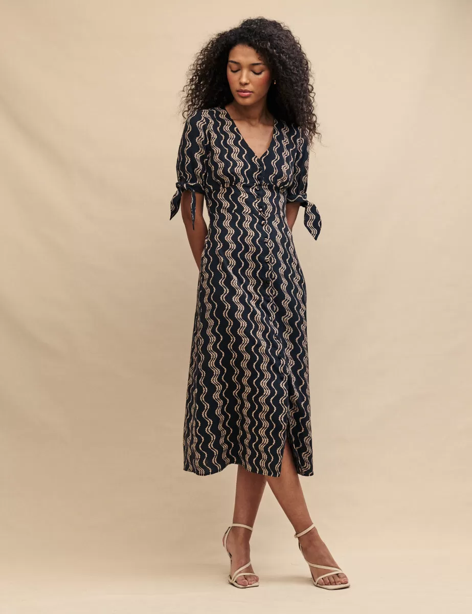 Black Wave Print Alexis Midi Dress