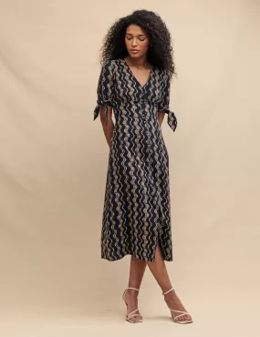 Black Wave Print Alexis Midi Dress