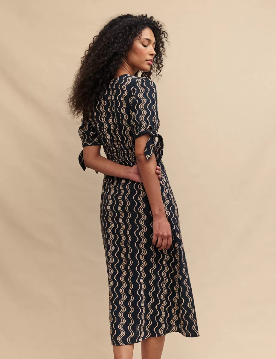 Black Wave Print Alexis Midi Dress