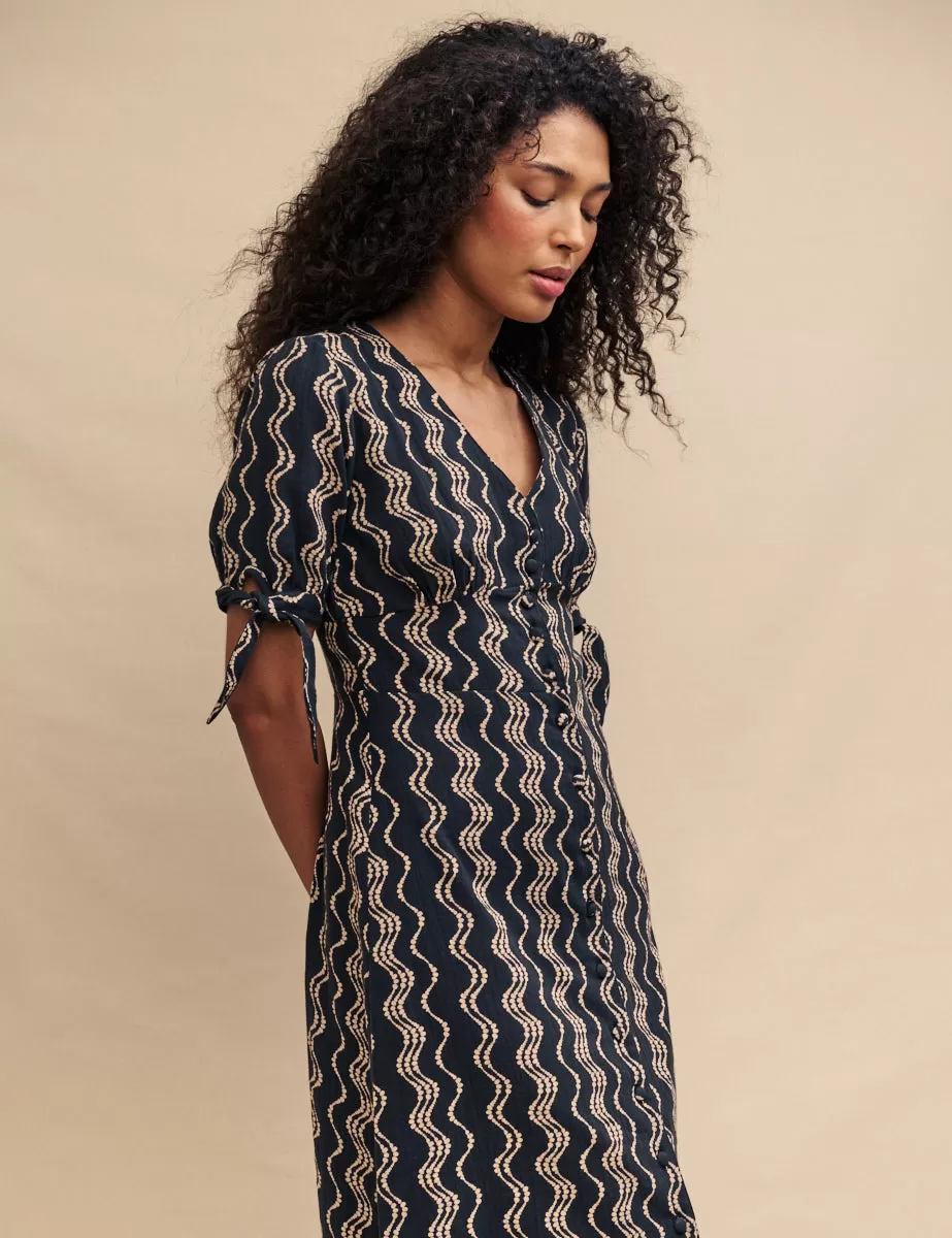 Black Wave Print Alexis Midi Dress