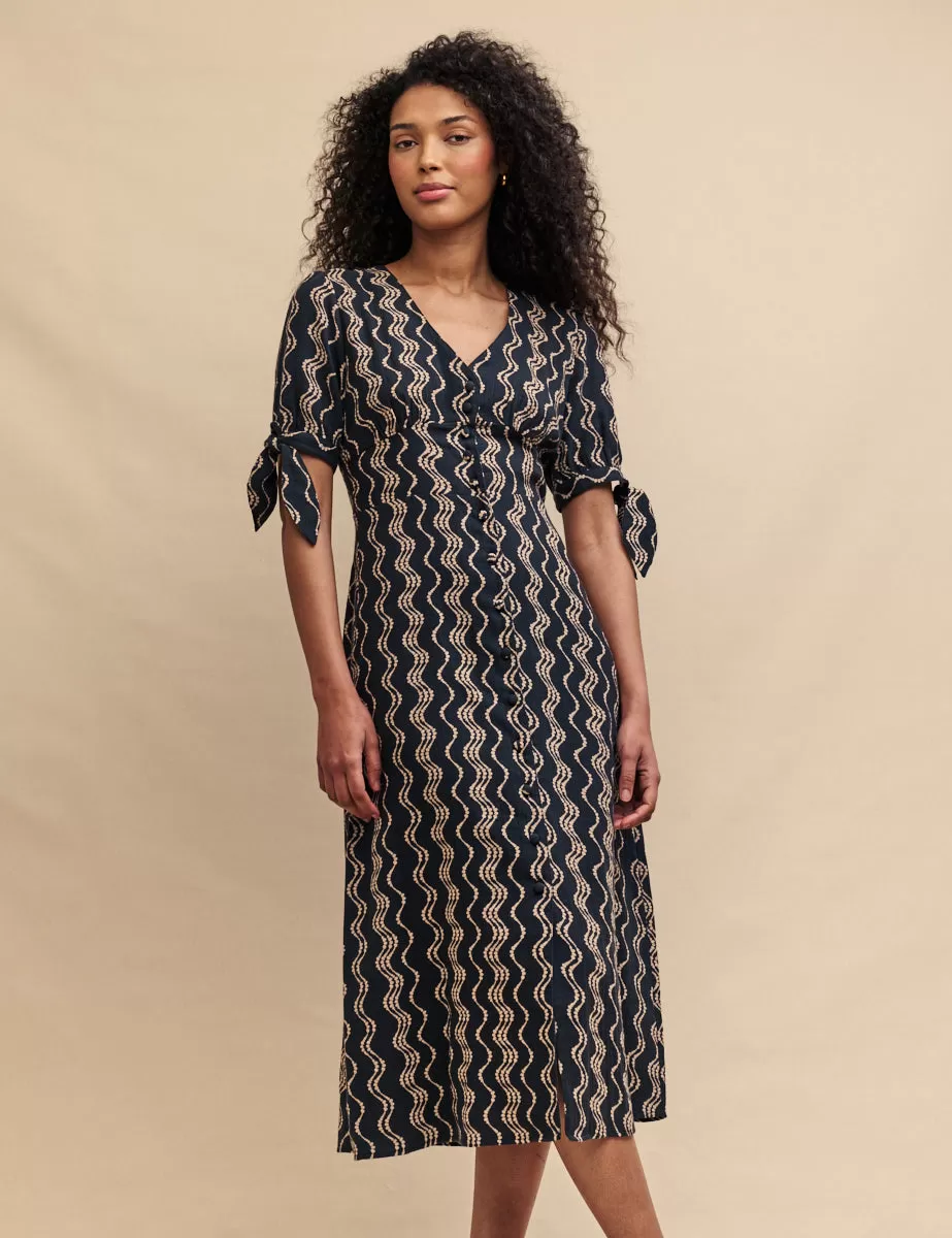 Black Wave Print Alexis Midi Dress