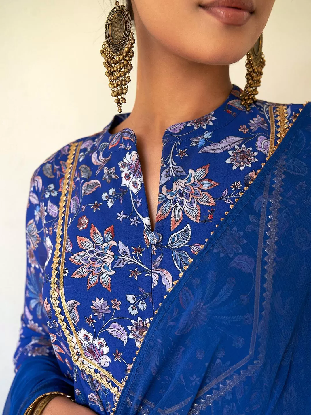 Blue Georgette Floral Kurta Palazzo Set