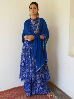 Blue Georgette Floral Kurta Palazzo Set