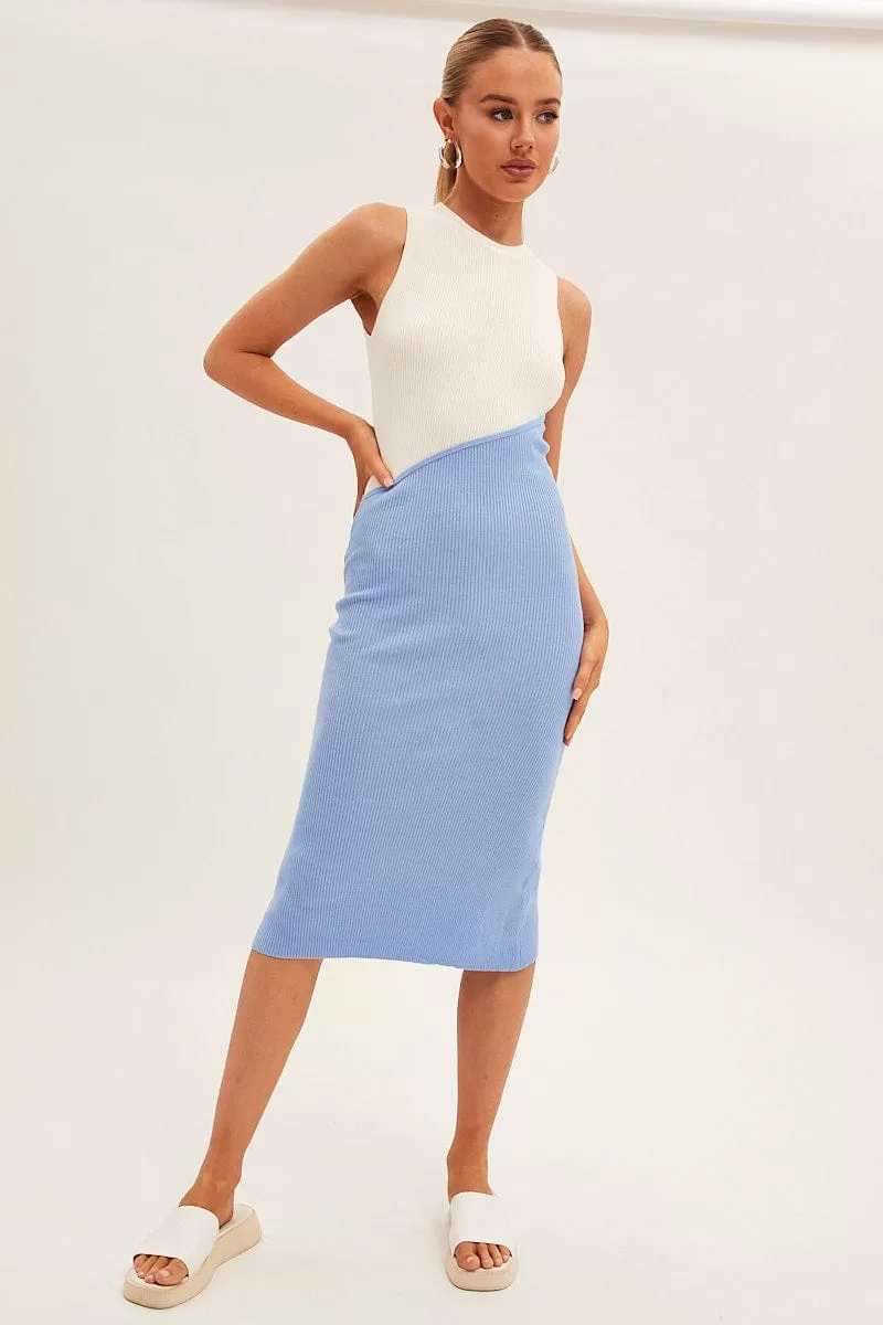 Blue Midi Dress Round Neck Colour Blocked Knit