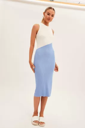 Blue Midi Dress Round Neck Colour Blocked Knit