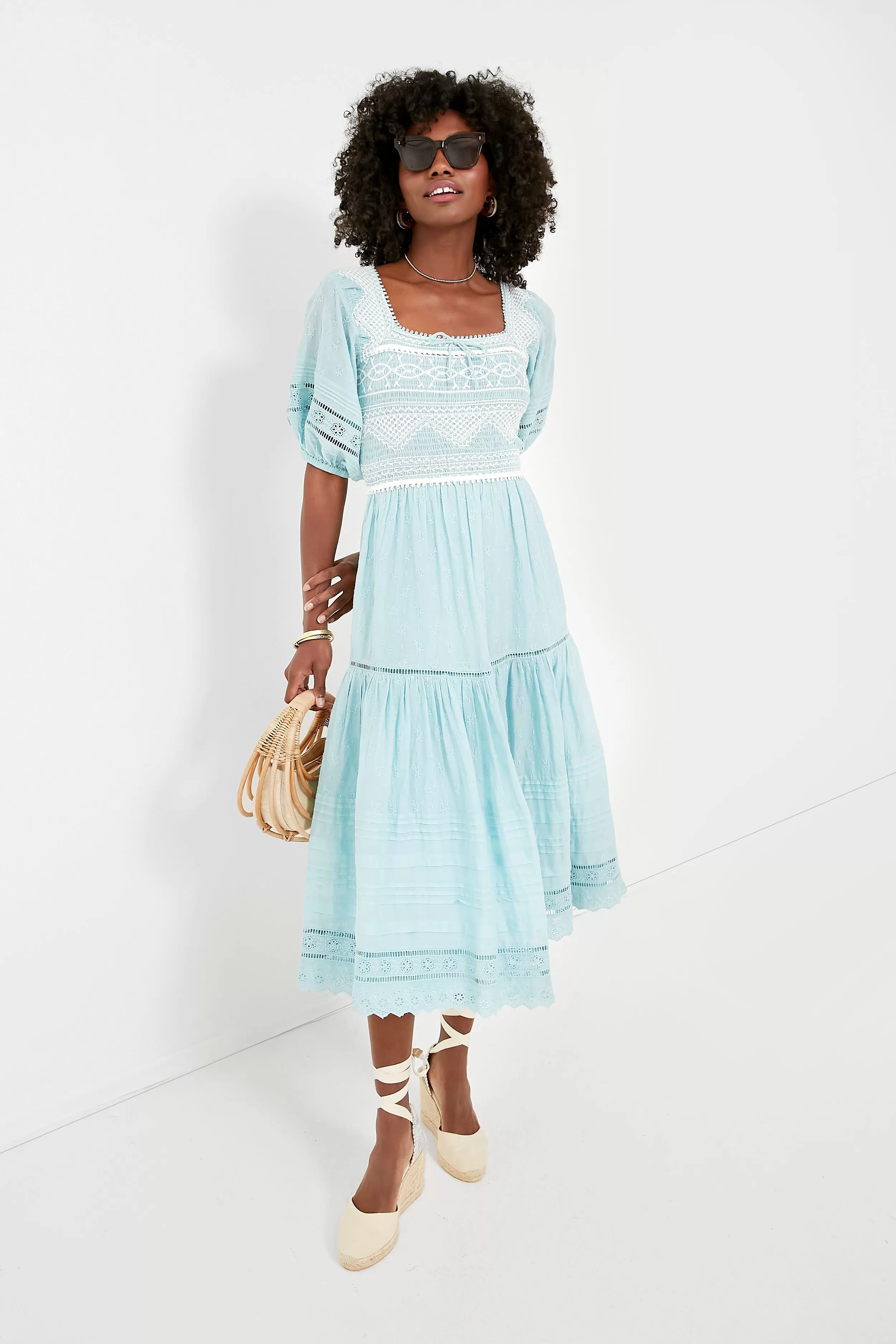 Blue Olga Hand Smocking Puff Sleeve Dress