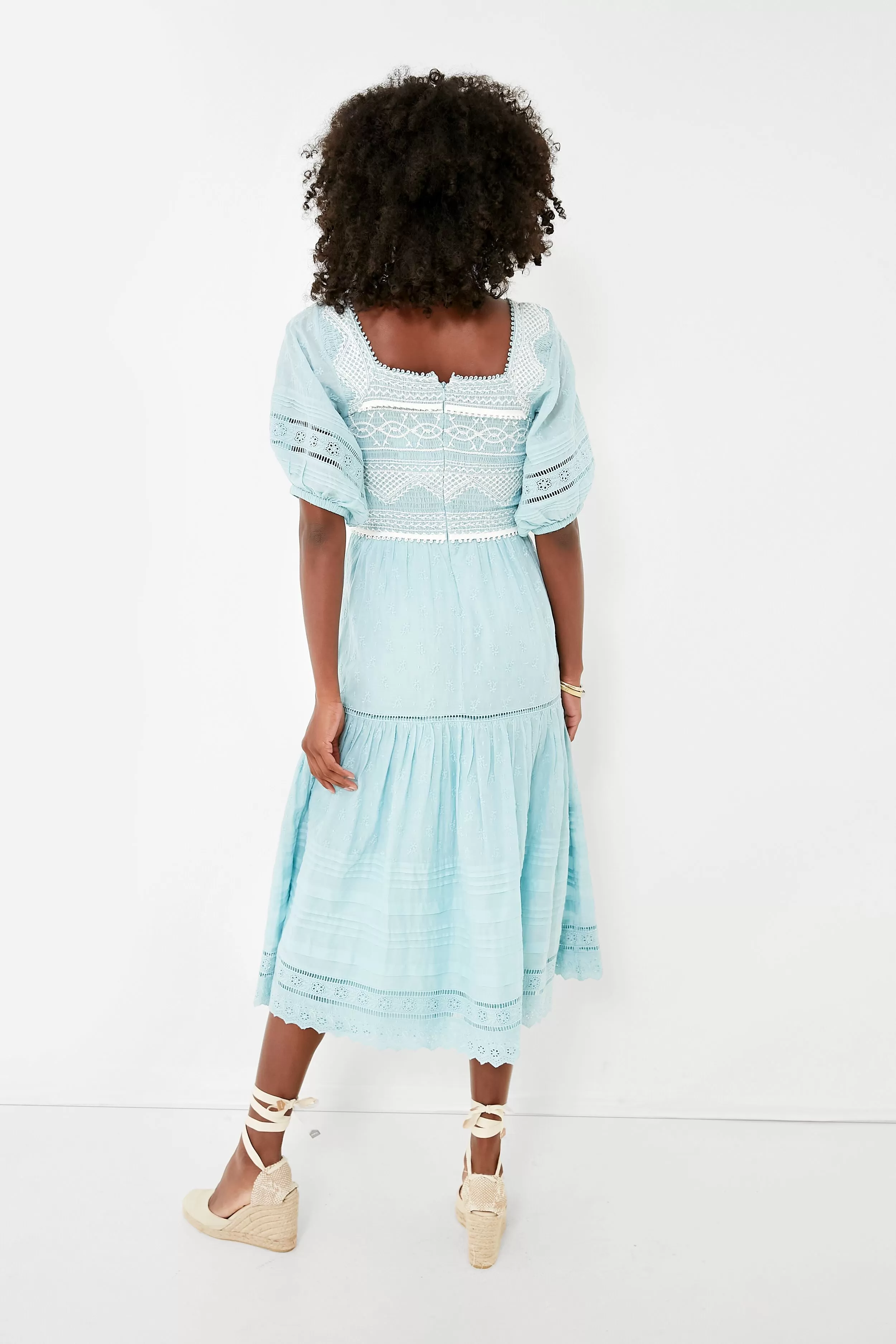 Blue Olga Hand Smocking Puff Sleeve Dress