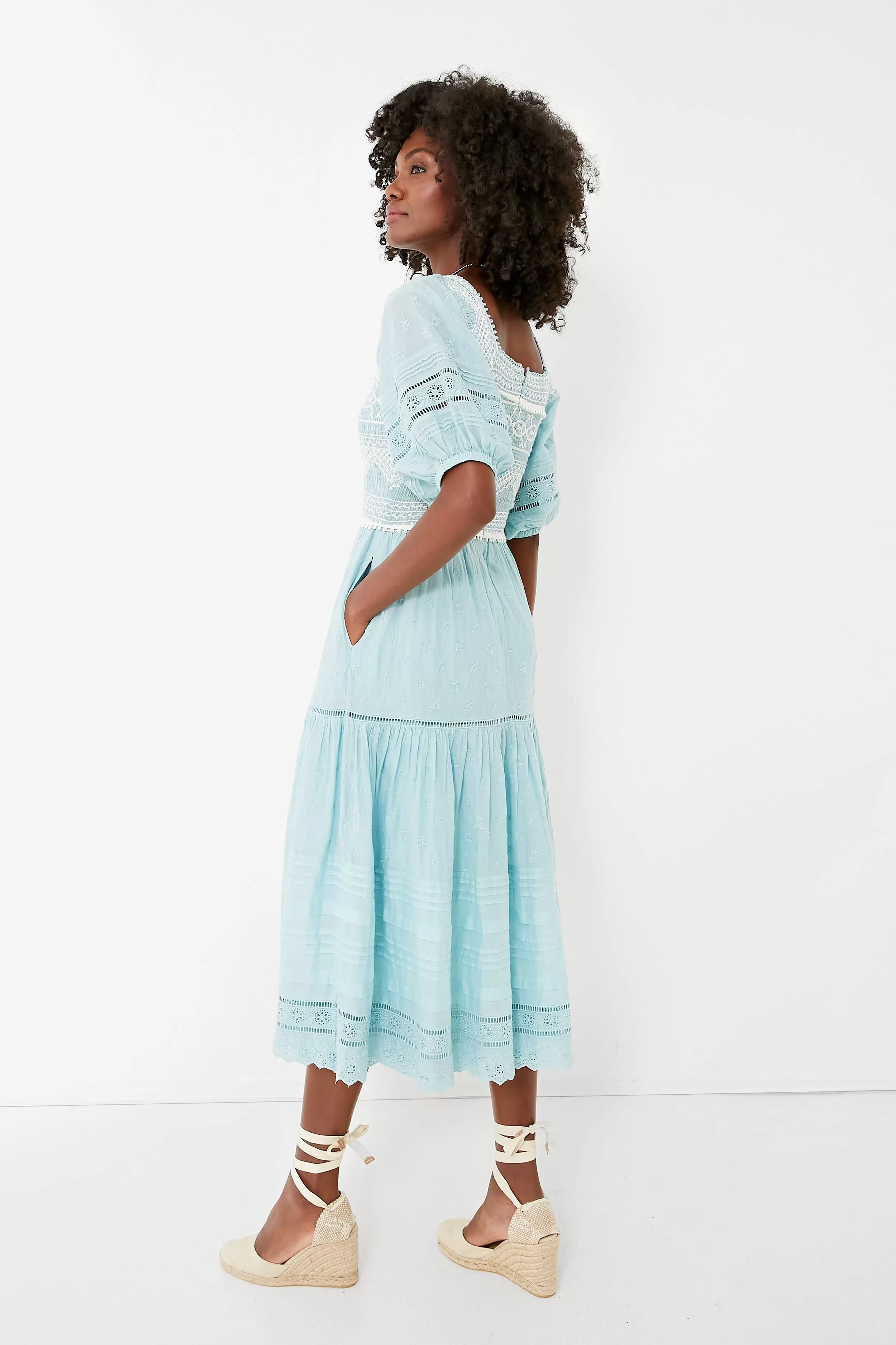 Blue Olga Hand Smocking Puff Sleeve Dress