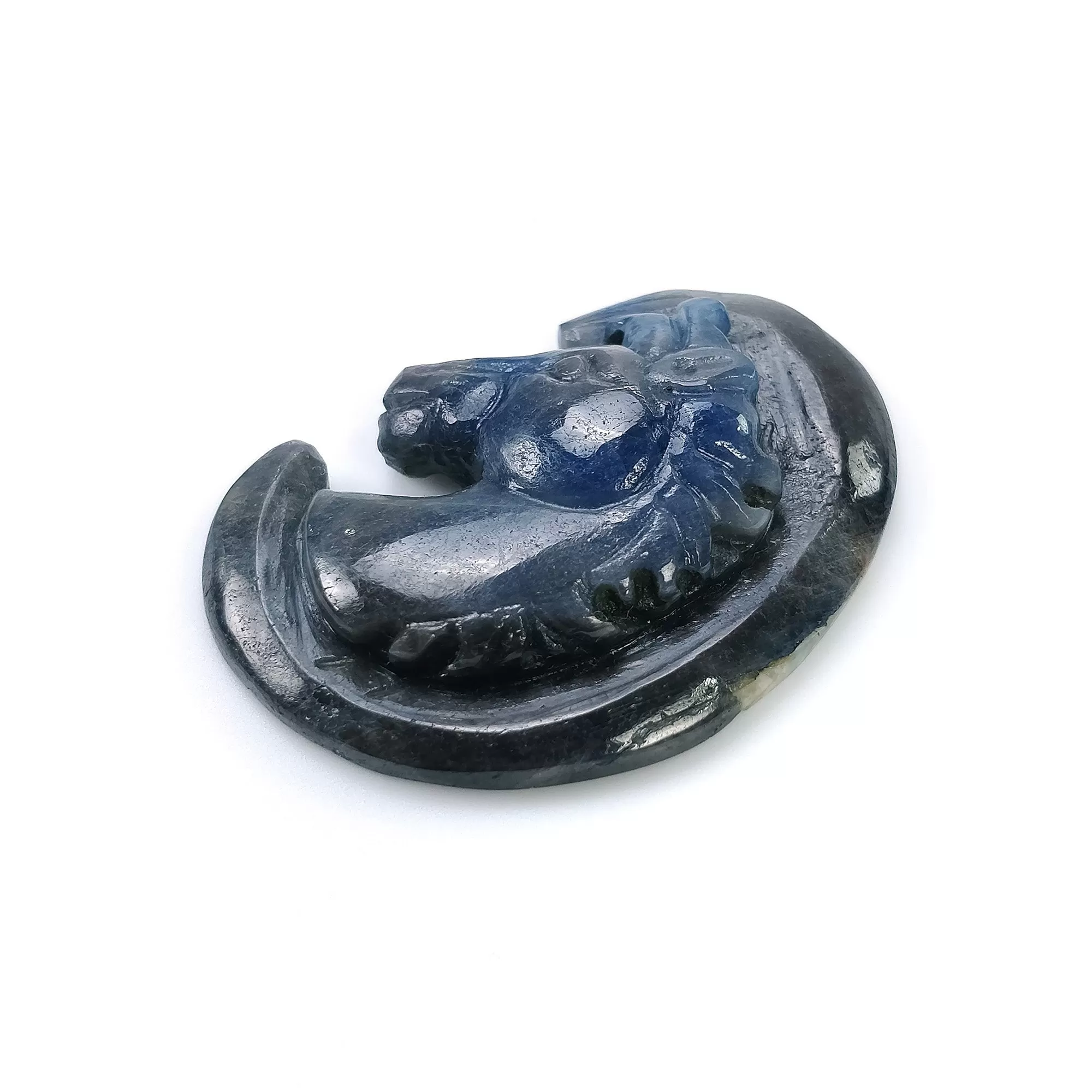 Blue Silver SAPPHIRE Gemstone Carving : 51.00cts Natural Untreated Bi-Color Blue Sapphire Hand Carved HORSE'S FACE 35*25mm (With Video)