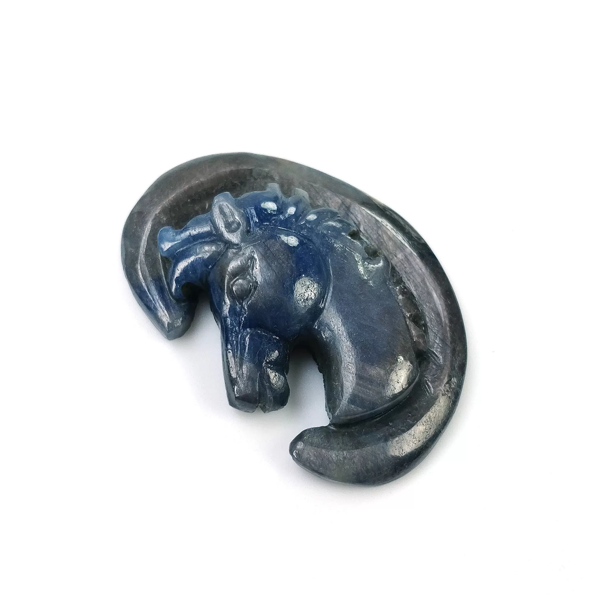 Blue Silver SAPPHIRE Gemstone Carving : 51.00cts Natural Untreated Bi-Color Blue Sapphire Hand Carved HORSE'S FACE 35*25mm (With Video)