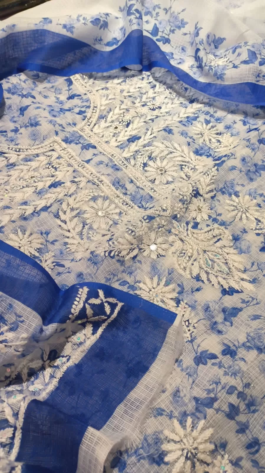 Blue-White Kota Silk Chikan embroidery Suit Set fabric