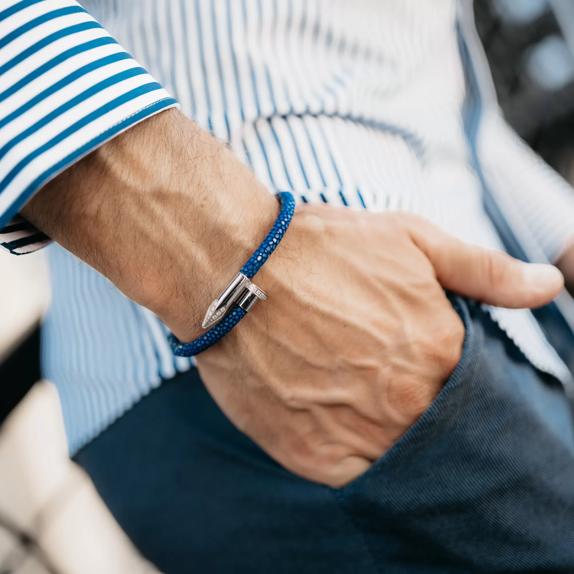 Bracelet - Blue Leather with Silver Nail and Zircon Diamond