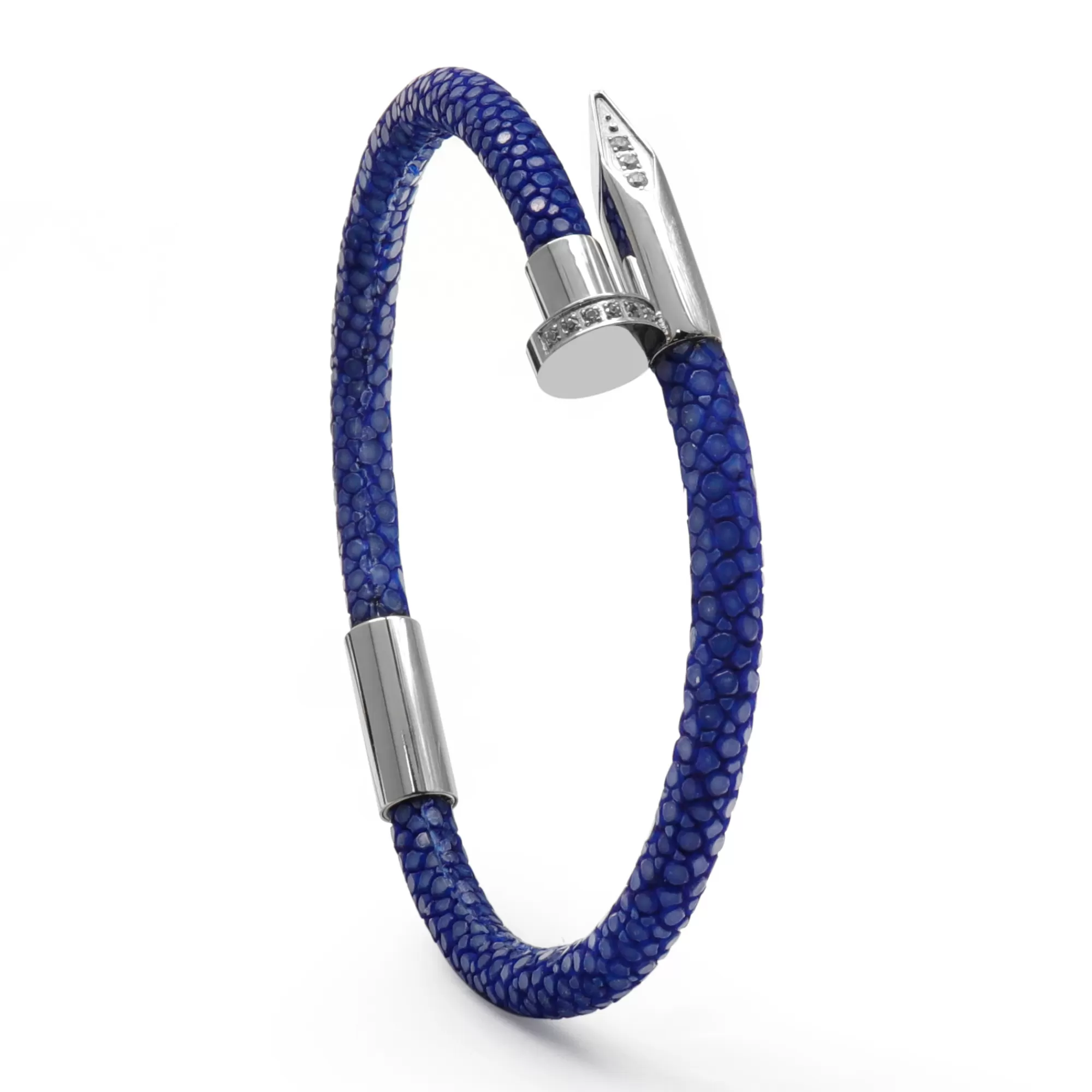 Bracelet - Blue Leather with Silver Nail and Zircon Diamond