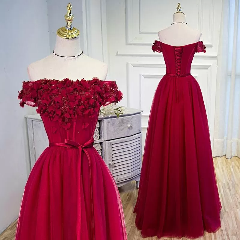 Burgundy Off The Shoulder Prom Dress Lace Cheap Plus Size Prom Dress #ER503