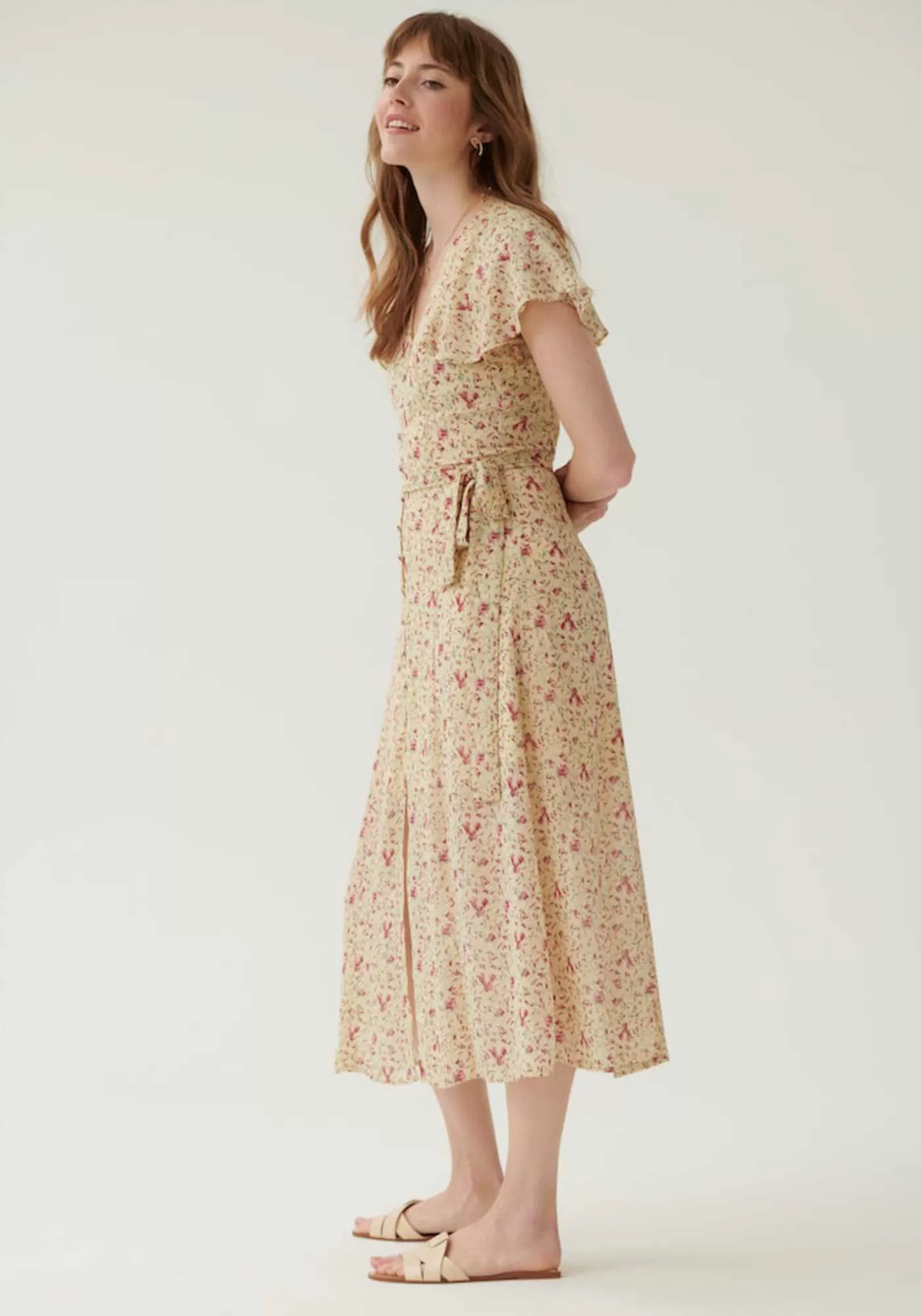 Button Front Tie Waist Midi Dress in Yellow Floral- Outlet